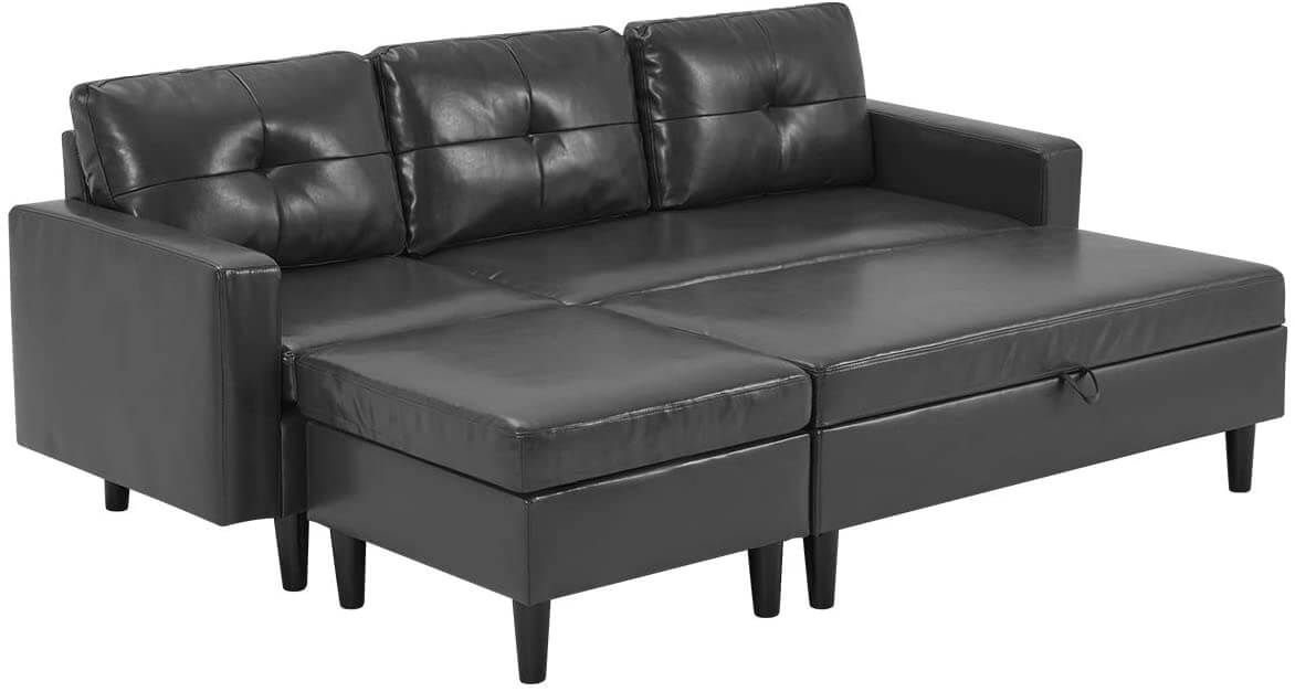Small Faux Leather Sectional Sofa with Storage Ottoman and Chaise Lounge, 3-Seat Living Room Furniture Sets for Small Apartment, Dark Gray