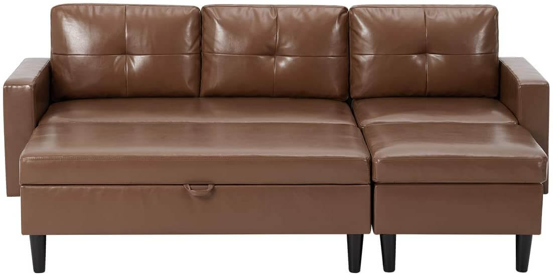 Small Faux Leather Sectional Sofa with Storage Ottoman and Chaise Lounge, 3-Seat Living Room Furniture Sets for Small Apartment, Brown
