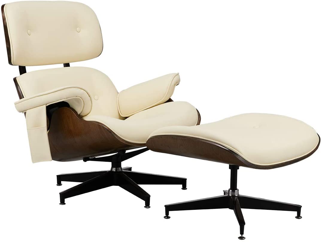 Lounge Chair with Ottoman, Mid Century Modern Lounge Chair, Faux Leather Lounge Chair with Light Vibration Massage Function and Storage Bag（White)