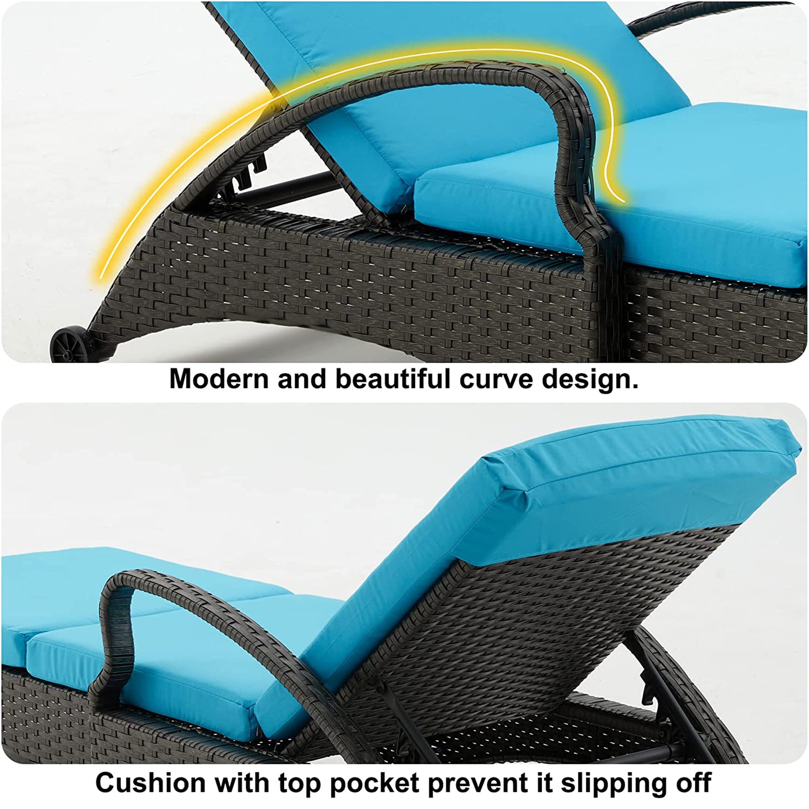 Outdoor Lounge Chaise Chairs Black Rattan Lounger with Blue Cushion & Armchairs
