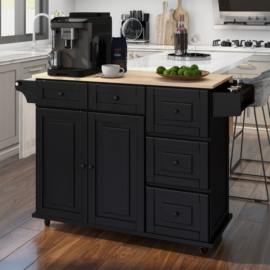 Homrest kitchen island rolling mobile island with wooden countertop for kitchen, black