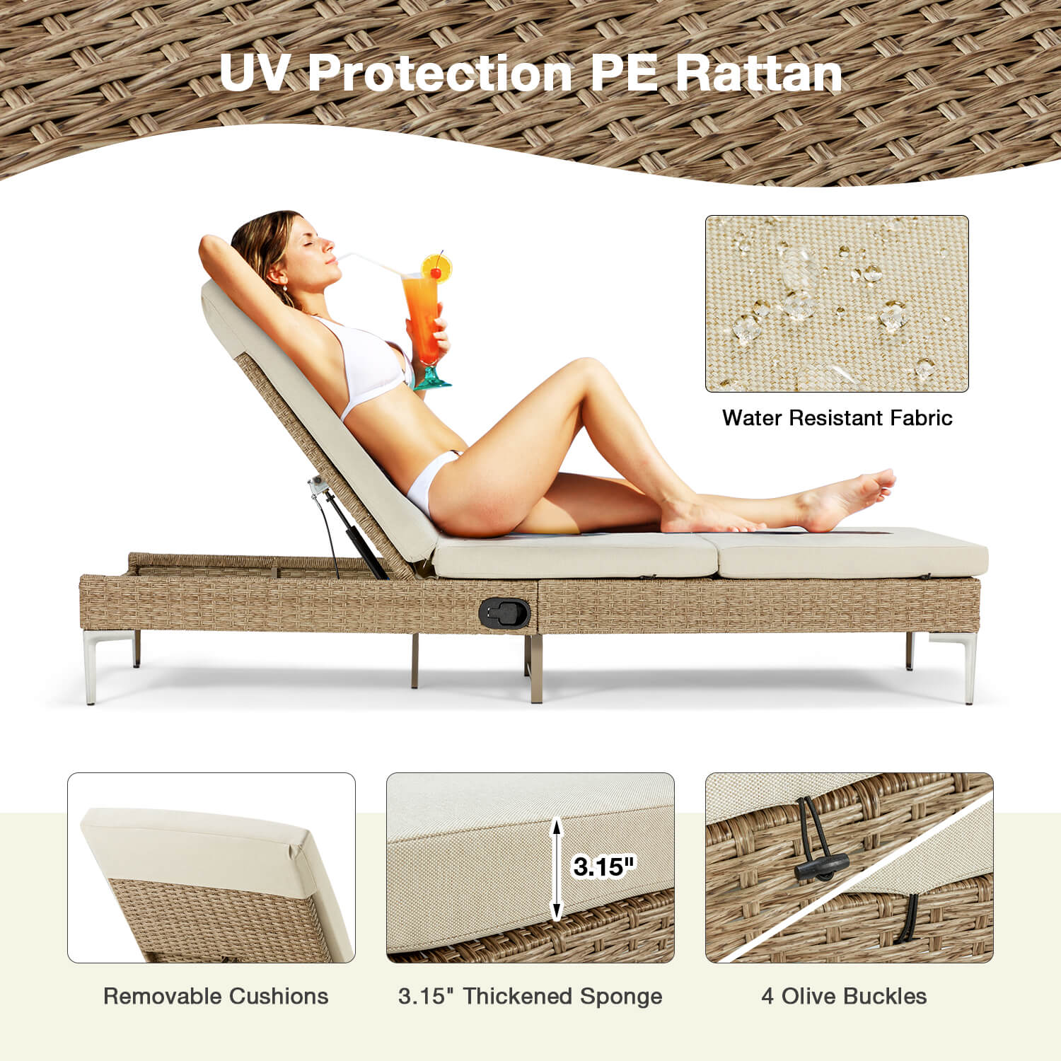 Homrest 2PCs Patio Chaise Lounge Chair with Thickened Cushion, Beige