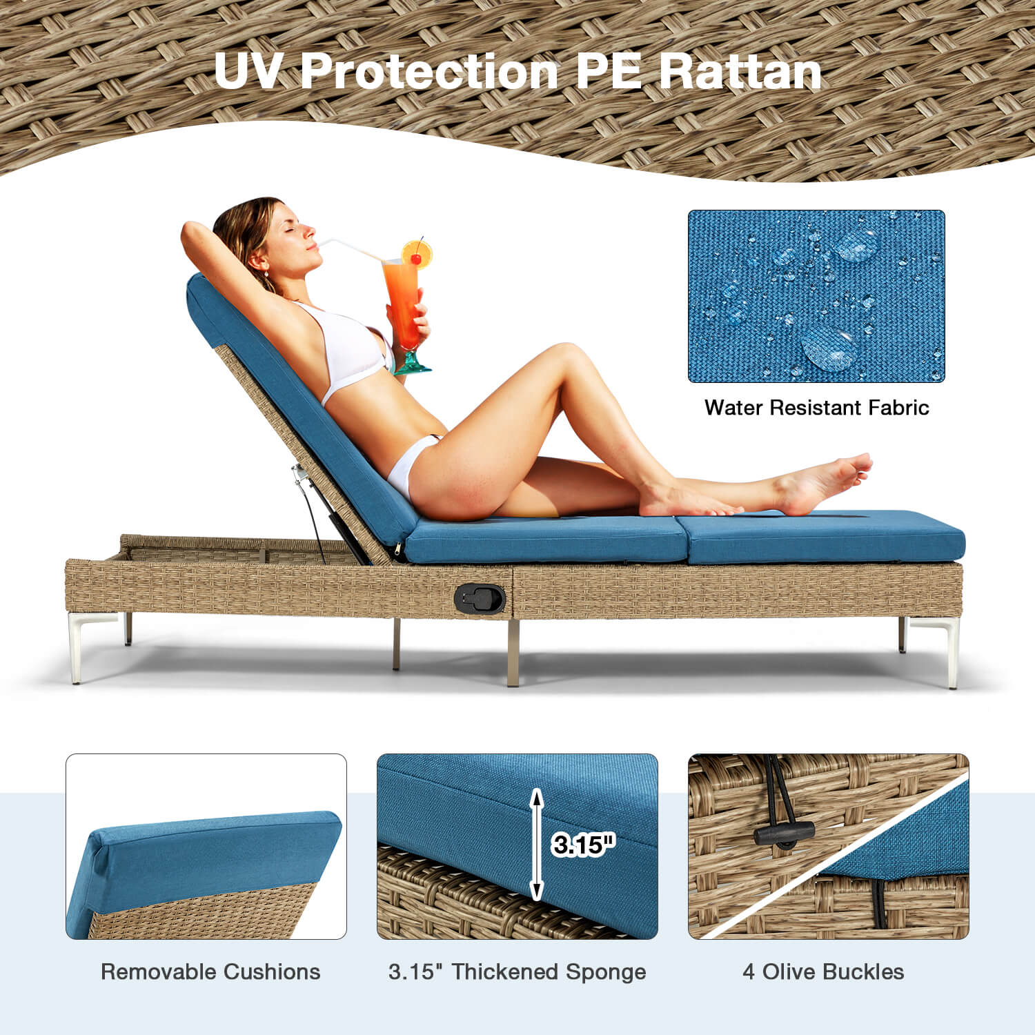 Homrest Patio Rattan Chaise Lounge Chair Outdoor Wicker Recliner Thickened Cushion Stepless Adjustable with Gas Cylinder (Blue)