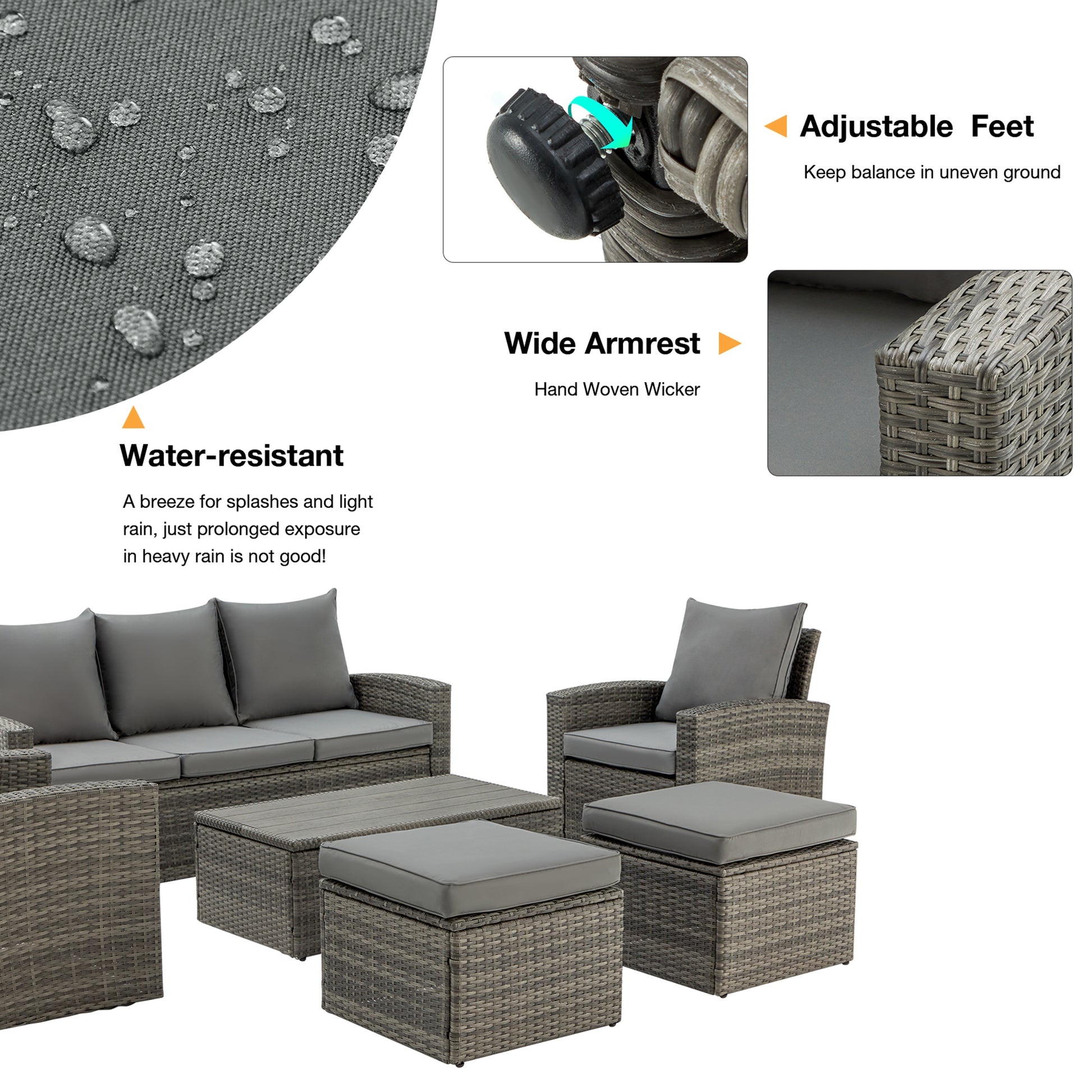 Homrest 6 pcs outdoor conversation set for porch, garden and poolside, gray