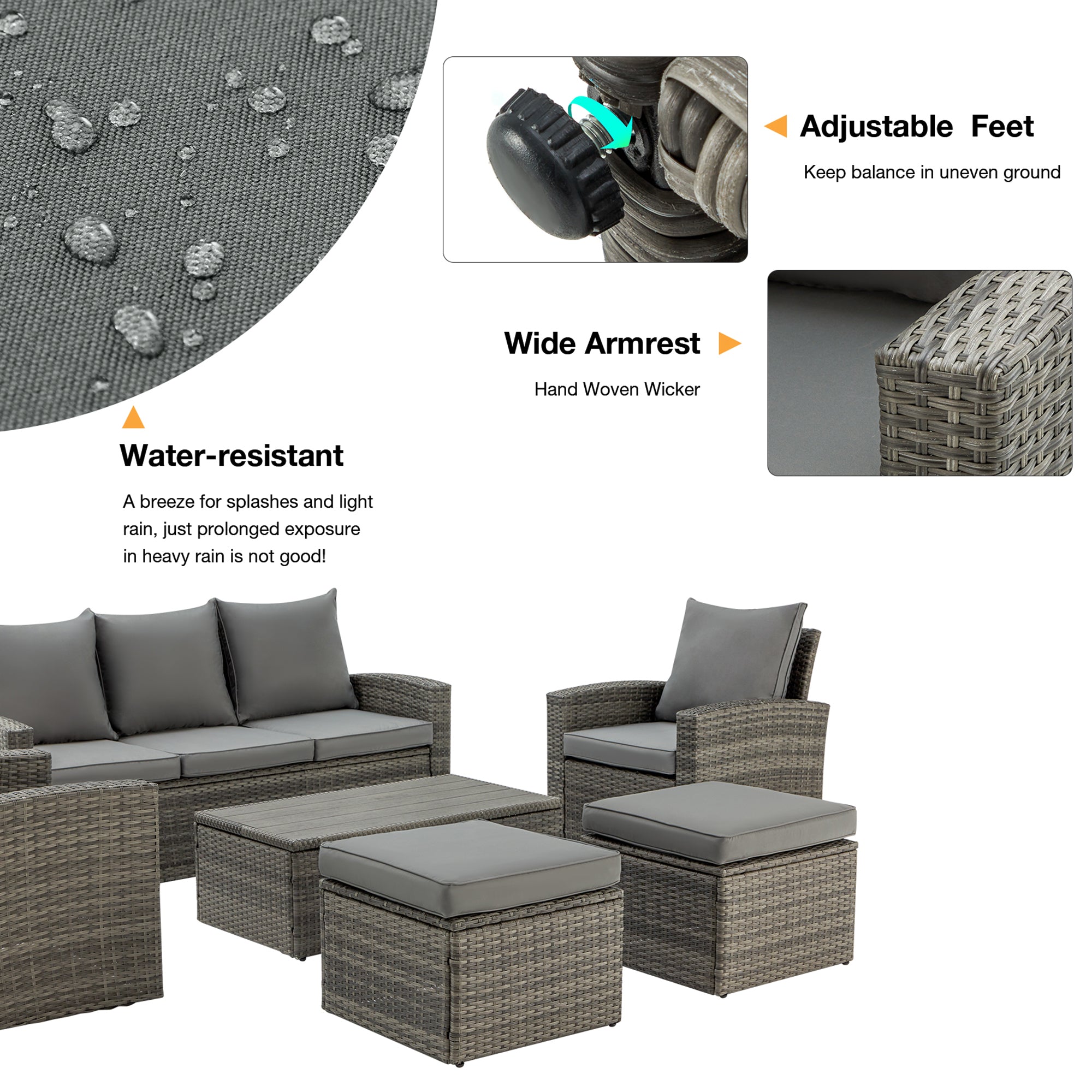Homrest 6 pcs outdoor conversation set for porch, garden and poolside, gray