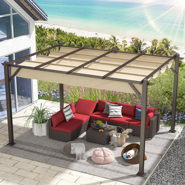 Homrest 13' X 10' Retractable Pergola, Patio Gazebo Grape Trellis with Removable Sun Shade Canopy（Khaki）