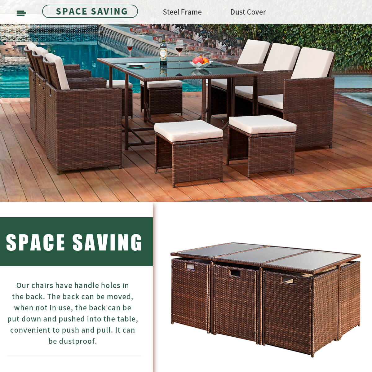  Homrest 11 Pcs Patio Dining Set Rattan w/ Ottoman, Cushion & Dust Cover for Porch, Garden and Poolside