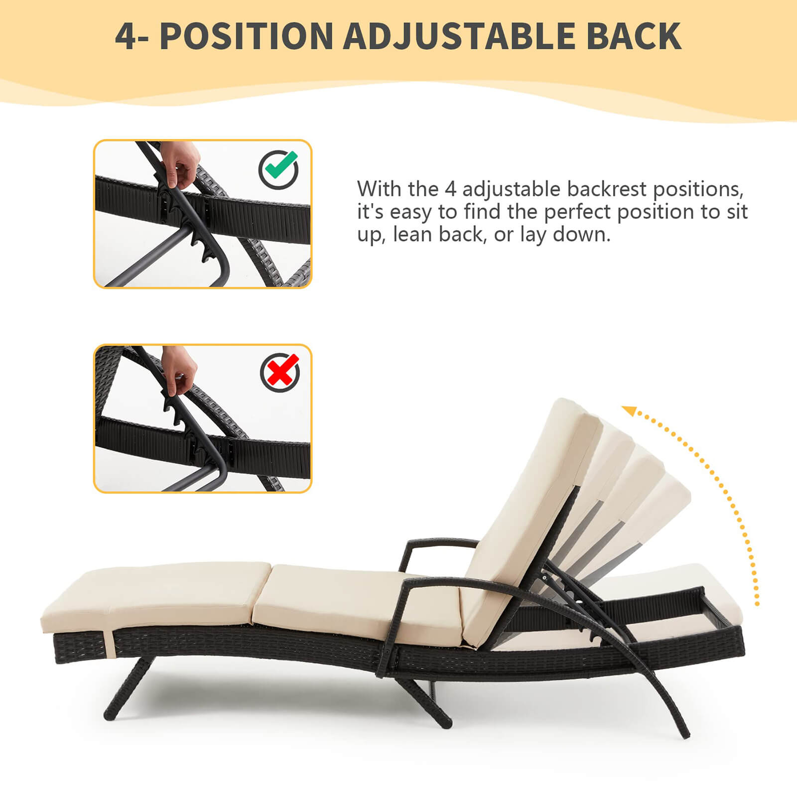 HOMREST Patio Lounge Chair for Outside, Chaise Lounge with Adjustable Backrest & Thickened Cushion, Khaki