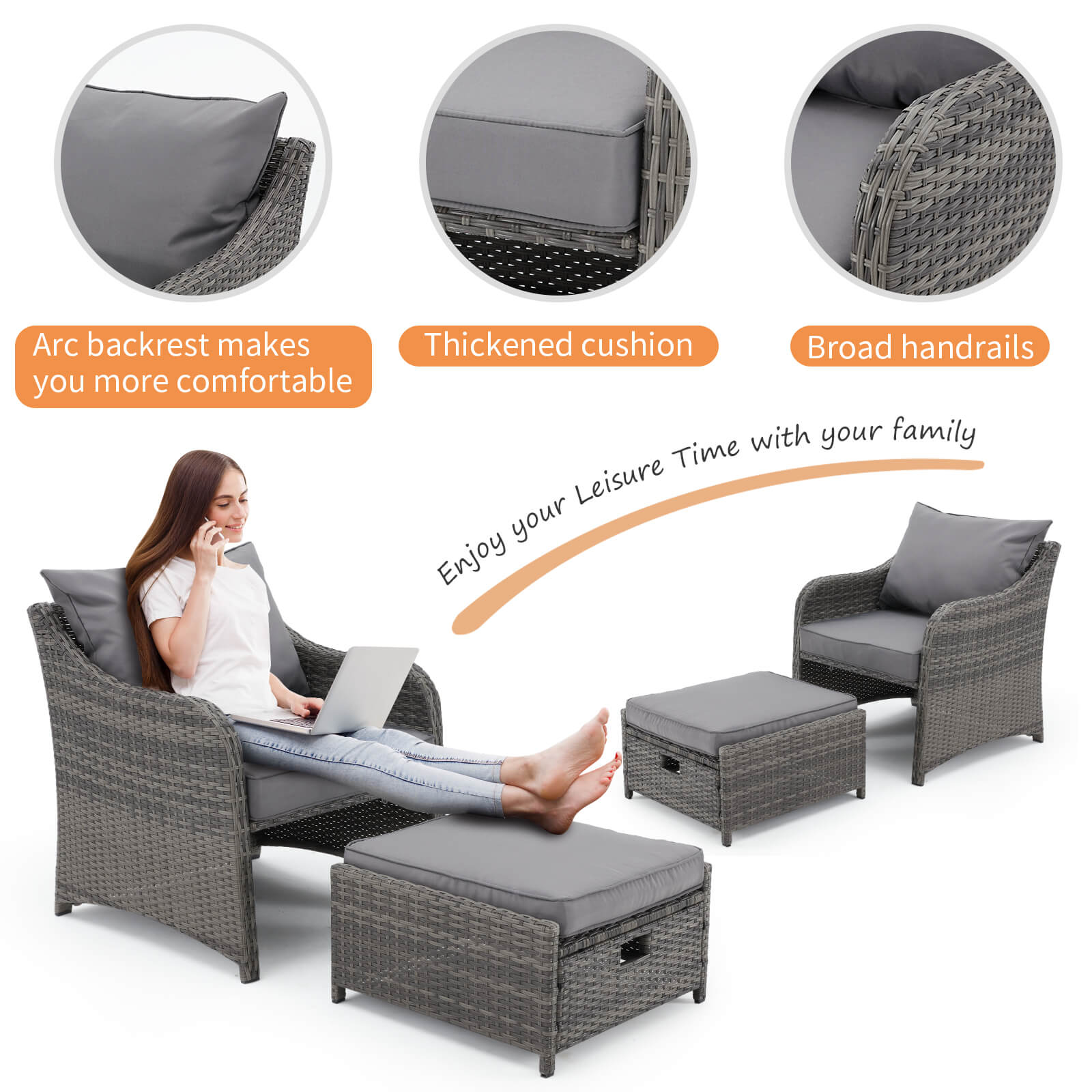  5 Pcs patio chair set with ottoman for porch, backyard and poolside. | Homrest furniture