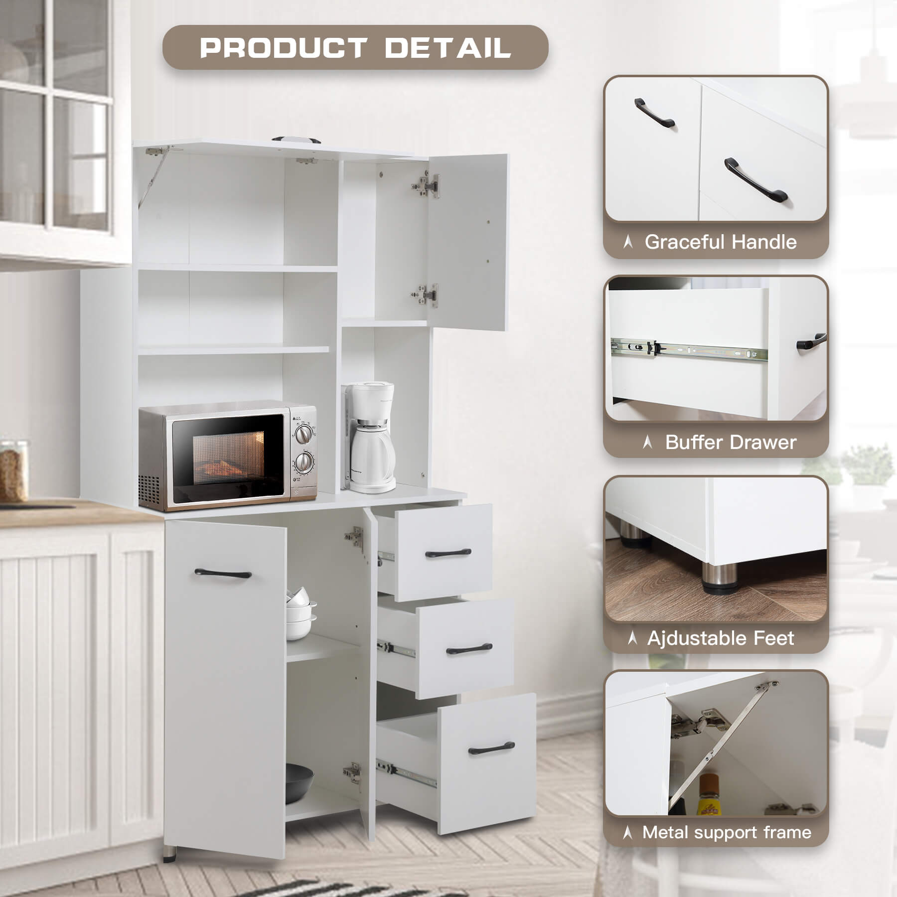 Homrest Kitchen Pantry Storage Cabinet Open Countertop and Microwave Space White