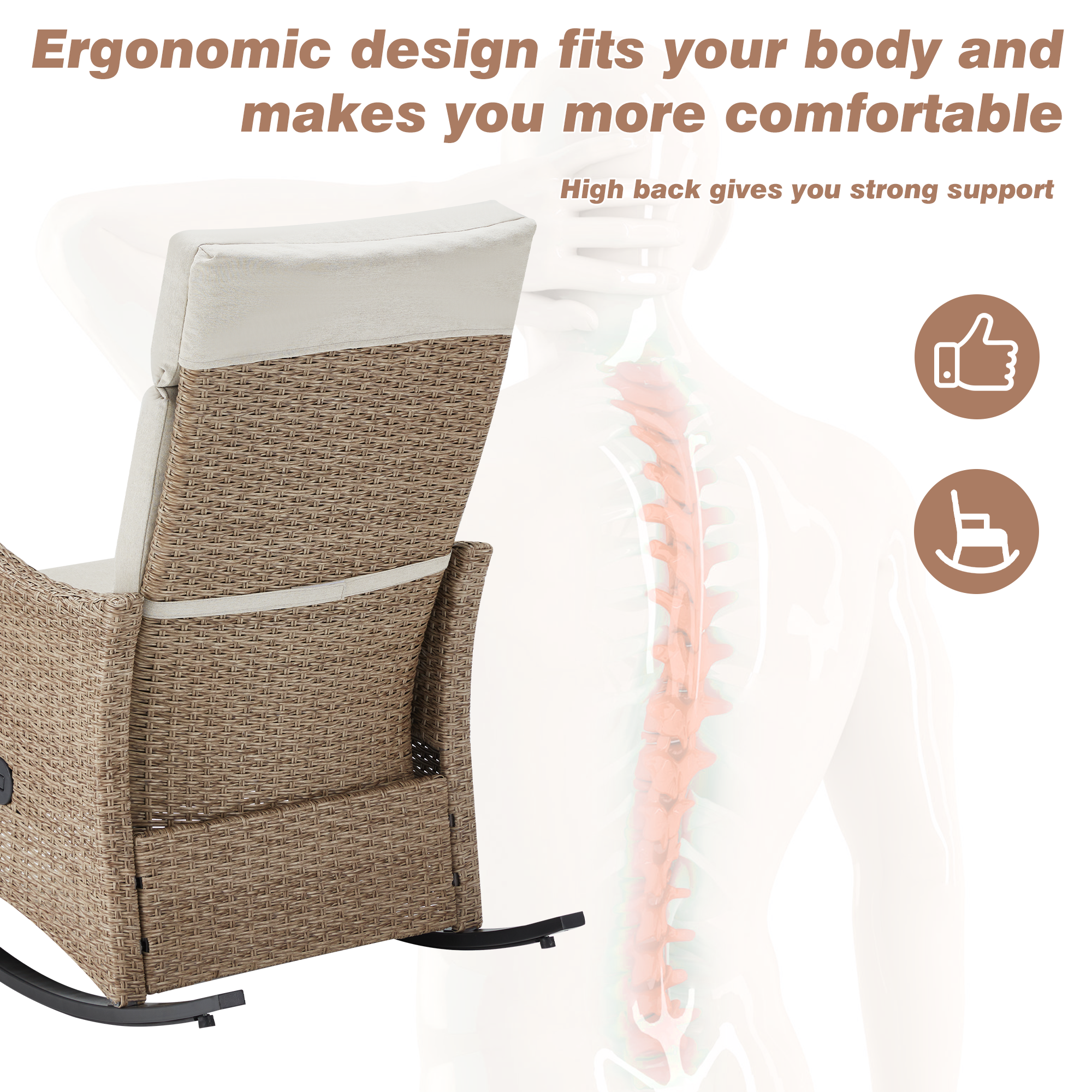 Homrest Outdoor Recliner Chair, Rattan Wicker Rocking Chair with Removable Cushion, Beige