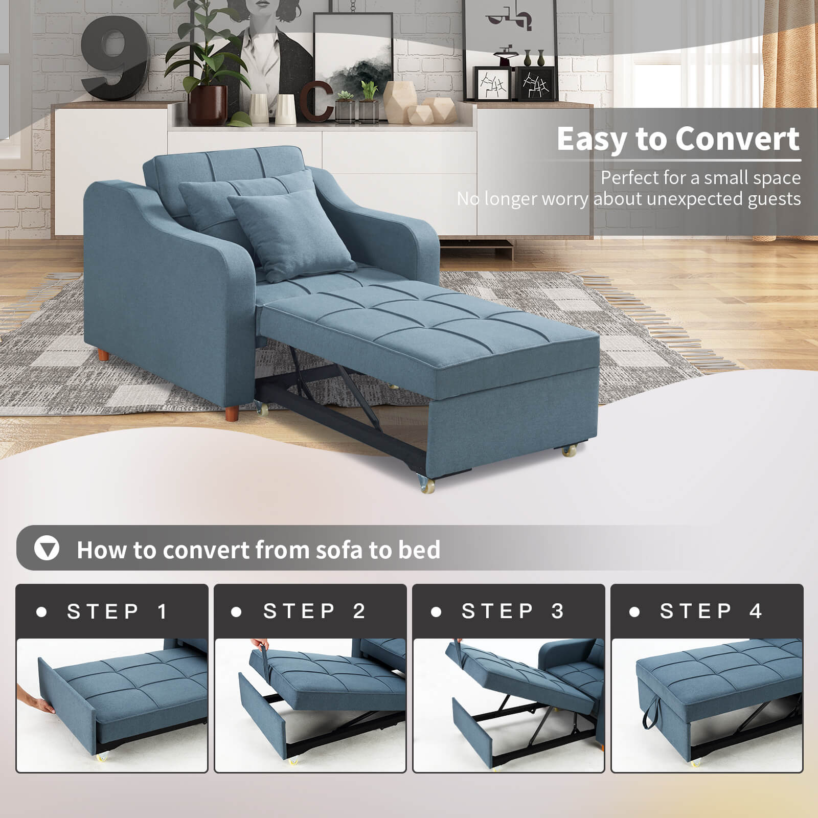 Homrest Sofa Bed 3-in-1 Convertible Chair Multi-Functional Sofa Bed Adjustable Recliner(Blue Grey)