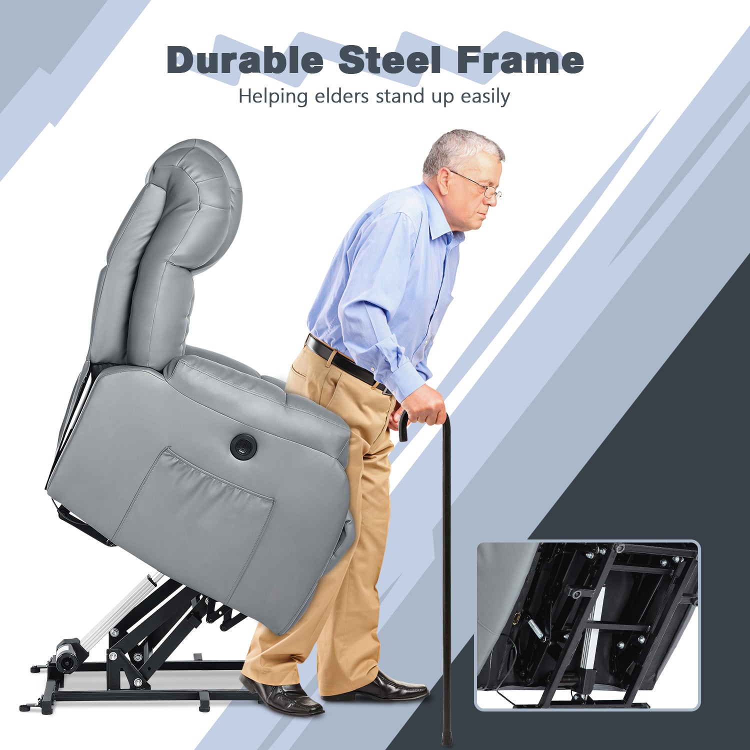 Homrest Electric Power Recliner Lift Chair Faux Leather Electric Recliner for Elderly with Side Pockets, USB Charge Port, Grey
