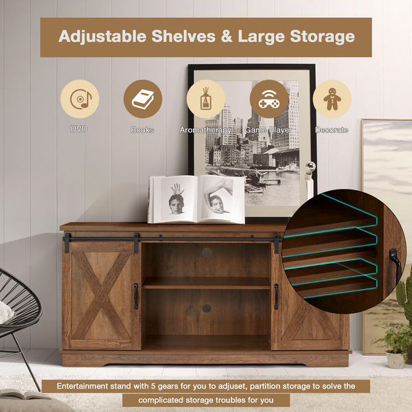 58 Inch Wood TV Stand Sliding Barn Door TV Cabinet with Adjustable Shelves Storage Brown