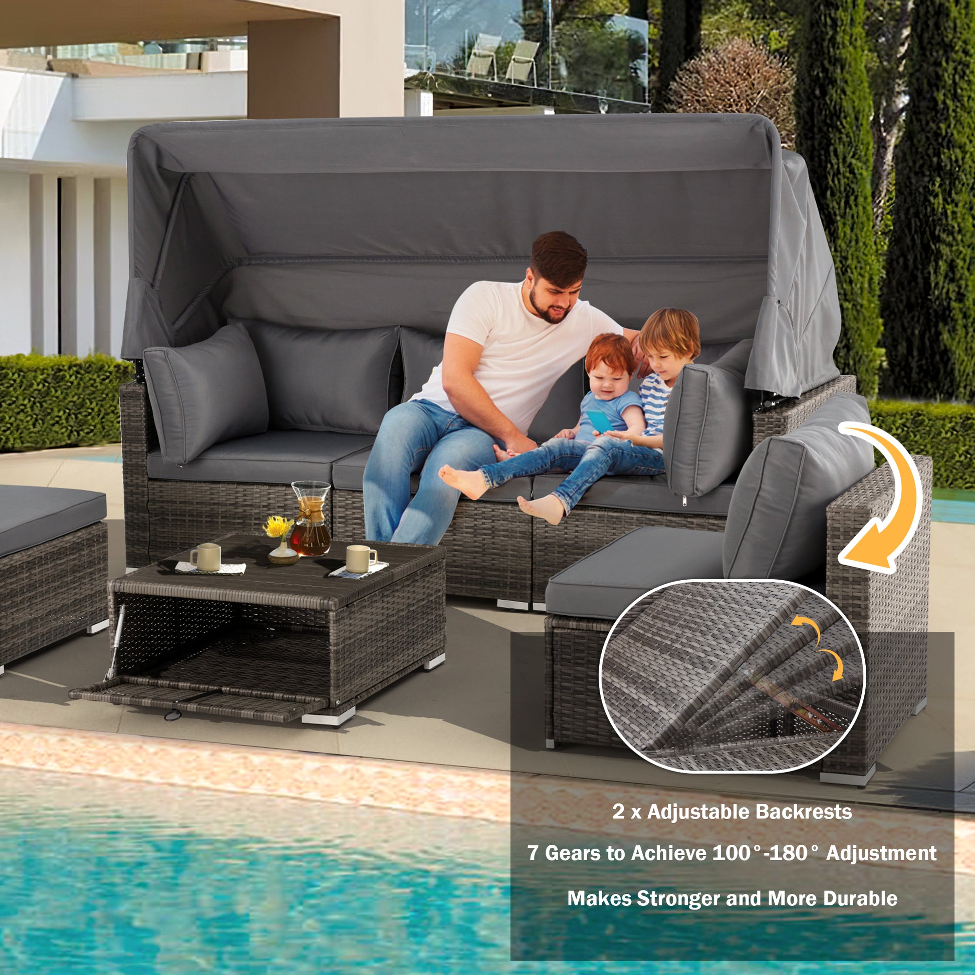 Homrest sectional sofa daybed with canopy for porch, backyard and poolside 
