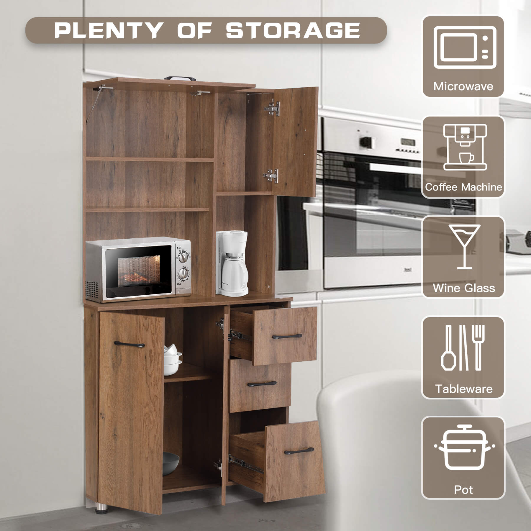Homrest Kitchen Pantry Storage Cabinet Open Countertop and Microwave Space Brown