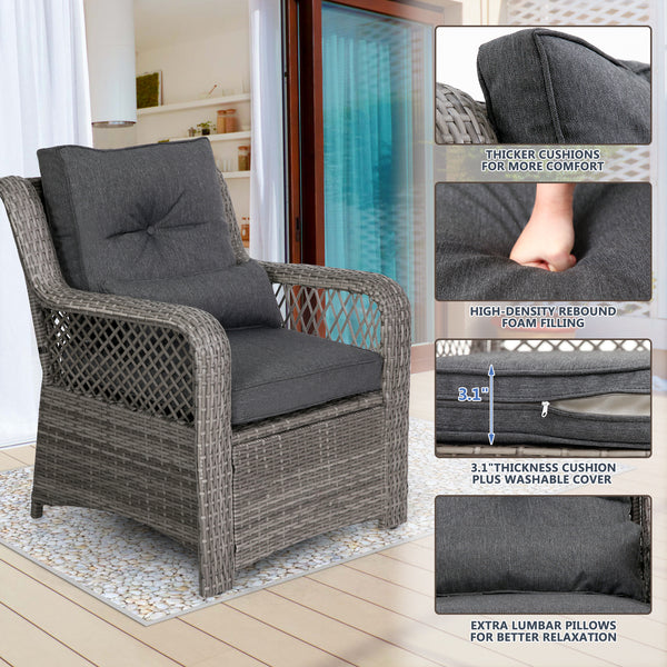 Patio Furniture Set, 6 Pcs Rattan Outdoor Conversation Sets with Ottoman, Grey