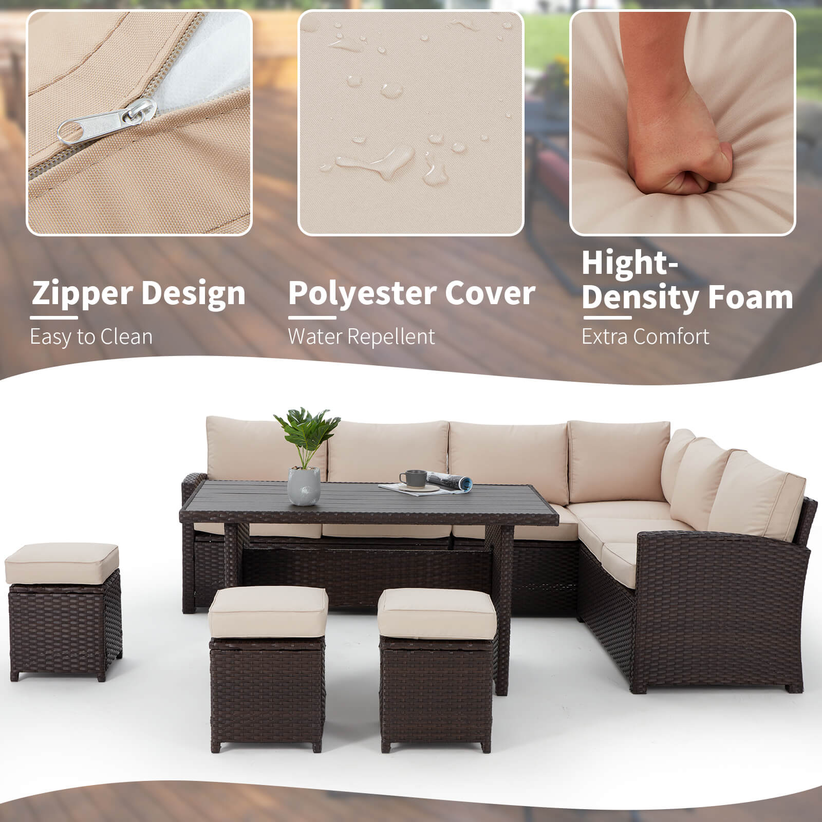 Homrest 7 Pieces Patio Furniture Set, Outdoor Sectional Dining Sofa Set with Table & 3 Ottomans (Khaki)