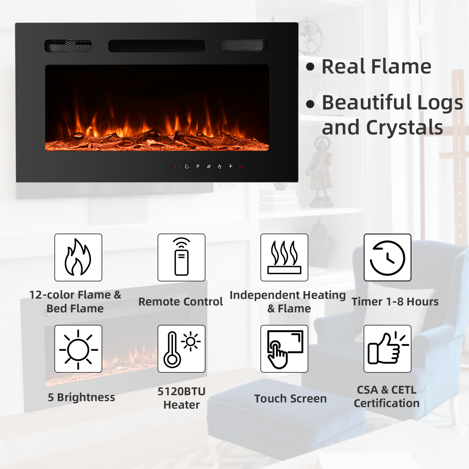 Homrest 30 inch Electric Fireplace Recessed and Wall Mounted,12 Flame Color with Remote Control