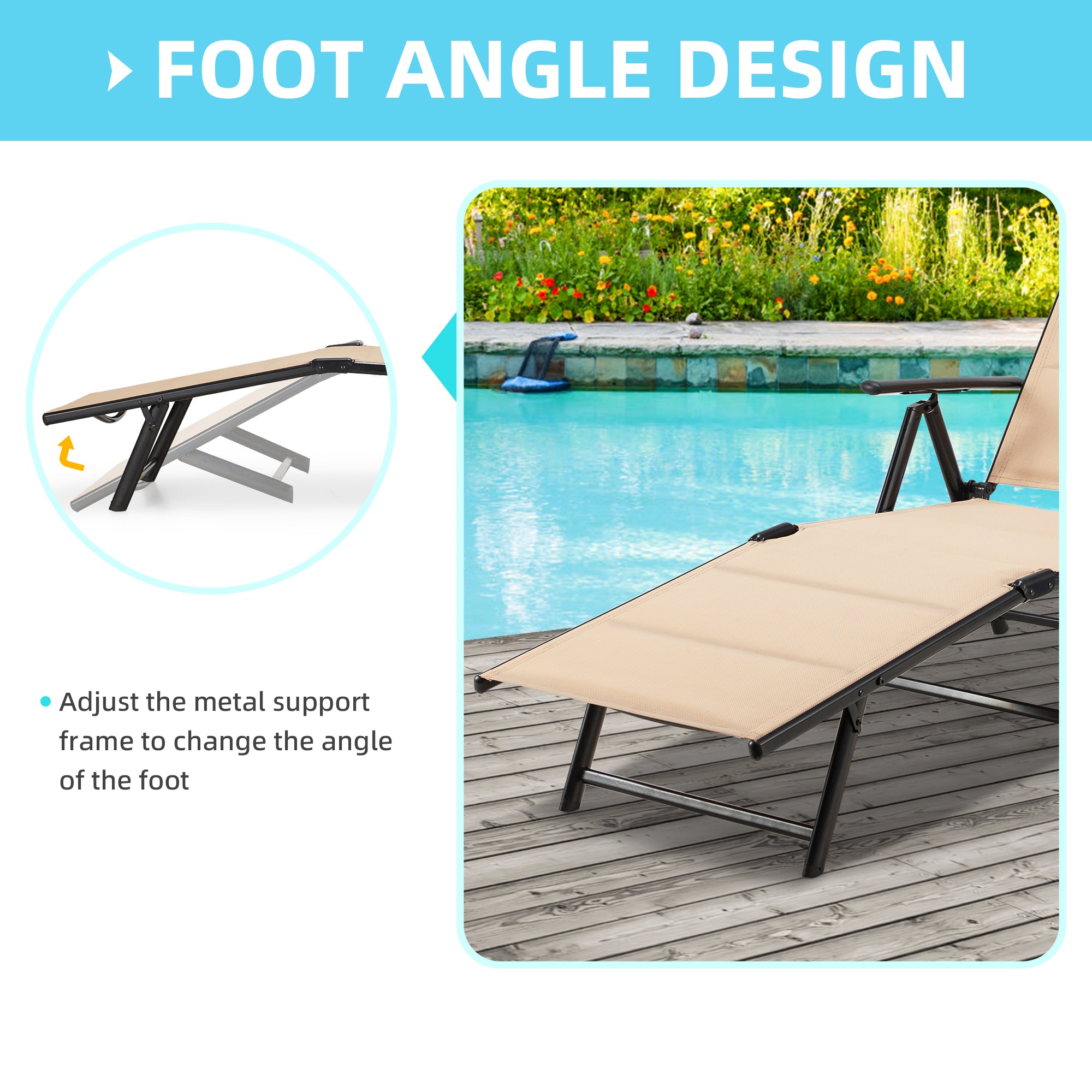 HOMREST Folding Lounge Chair, Outdoor Reclining Lightweight Chaise Lounge Chair, with 7-Position Adustable Backrest for Patio Beach Swimming Poolside Khaki