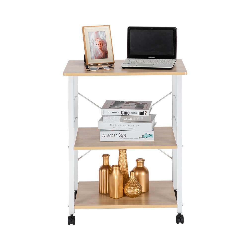 Homrest 3-Tier Kitchen Utility Microwave Oven Stand Light Beige Top White Metal Frame