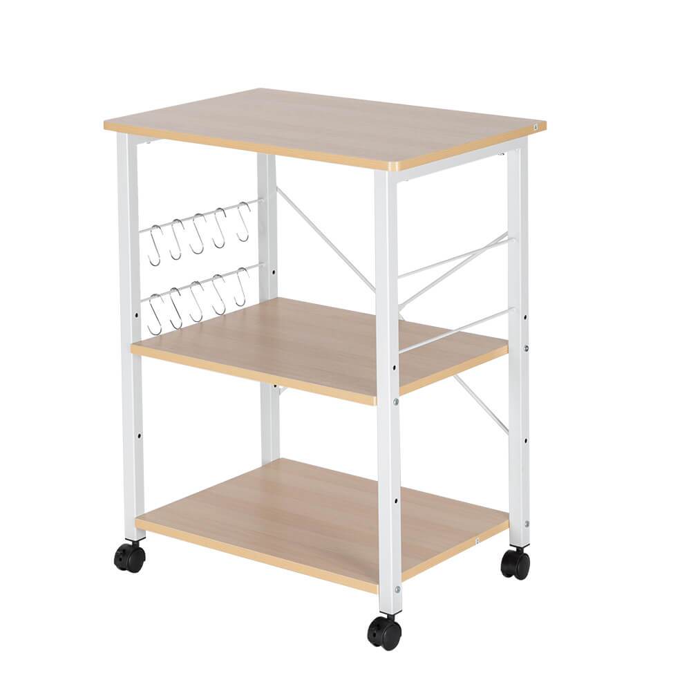 Homrest 3-Tier Kitchen Utility Microwave Oven Stand Light Beige Top White Metal Frame