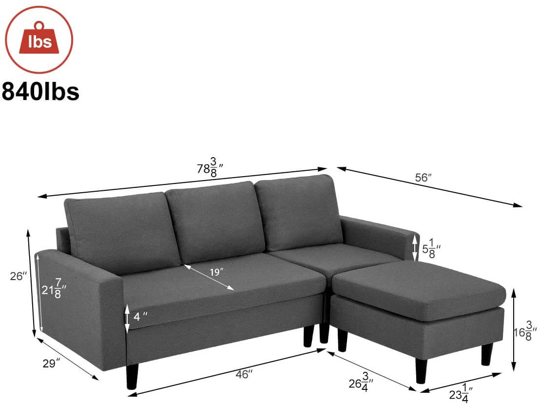 Homrest Enlarged Convertible Sectional Sofa Couch, 3-seat Sofa Couch with Ottoman, L-Shaped Sofa with Modern Linen Fabric, for Living Room or Apartment, Dark Gray