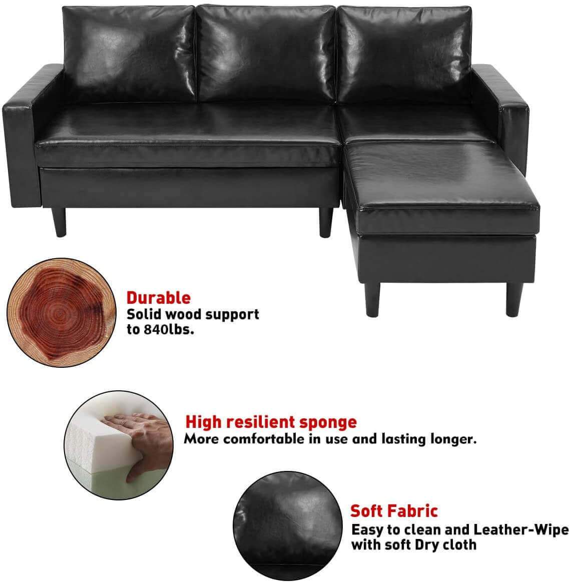 Homrest Enlarged Convertible Sectional Sofa Couch, 3-seat Sofa Couch with Ottoman, L-Shaped Sofa with Modern PU Leather Fabric for Living Room or Apartment, Black