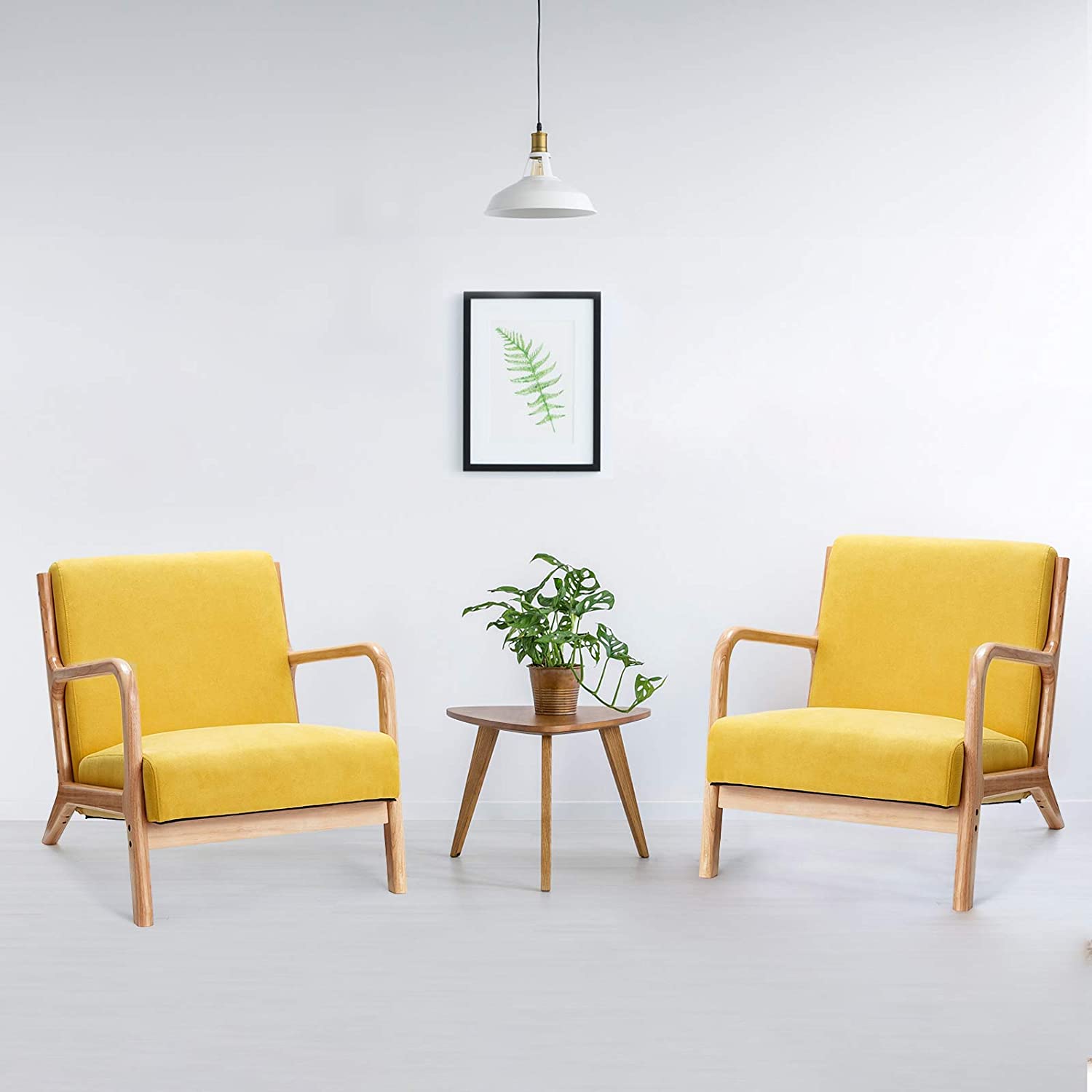 Set of 2 Lounge Arm Chair Mid Century Modern Accent Chair Wood Frame Armchair, Yellow