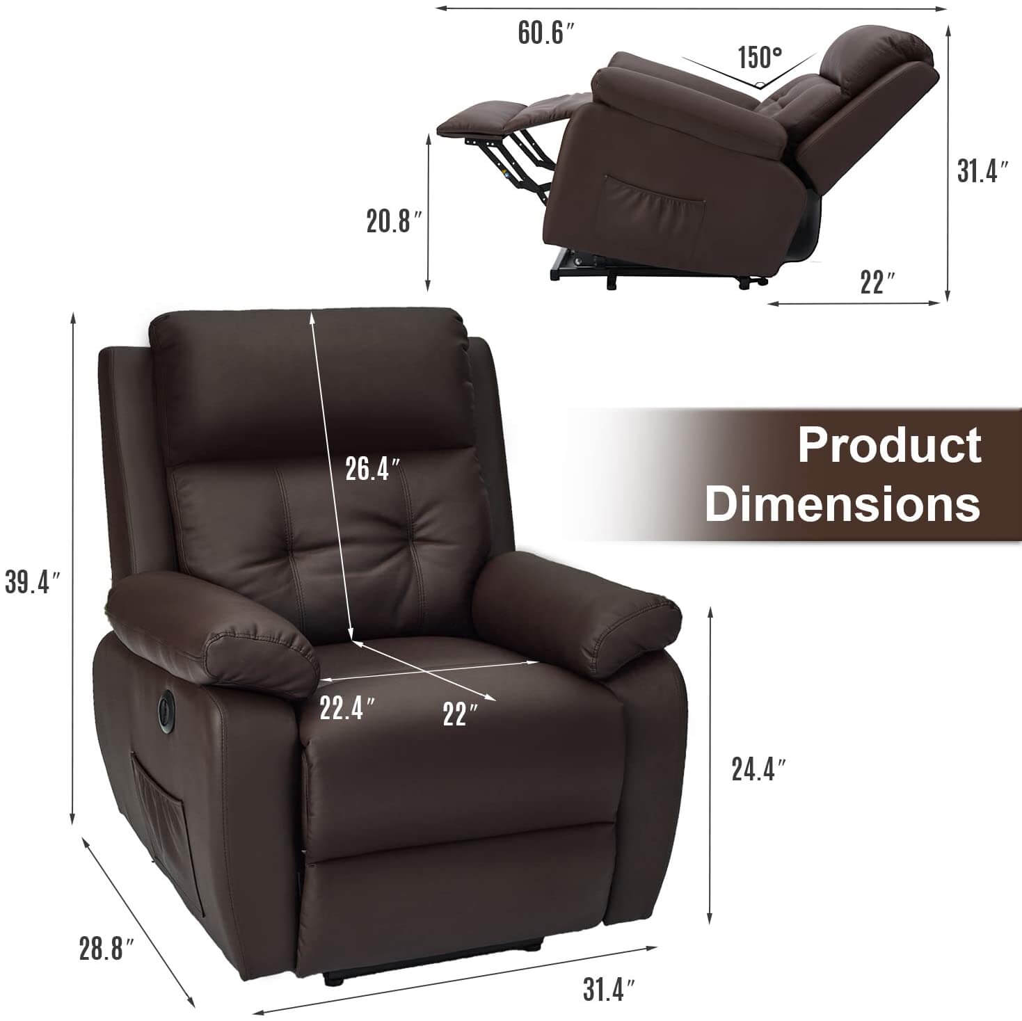 Homrest Electric Power Lift Recliner Chair Sofa for Elderly, Faux Leather Recliner Chair with Heated Vibration Massage, Side Pocket&USB Port(Brown)