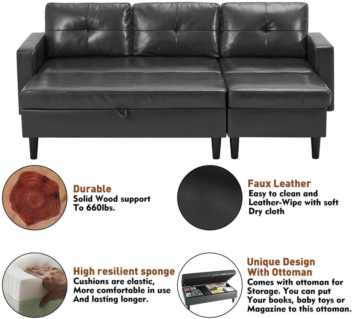 Small Faux Leather Sectional Sofa with Storage Ottoman and Chaise Lounge, 3-Seat Living Room Furniture Sets for Small Apartment, Dark Gray