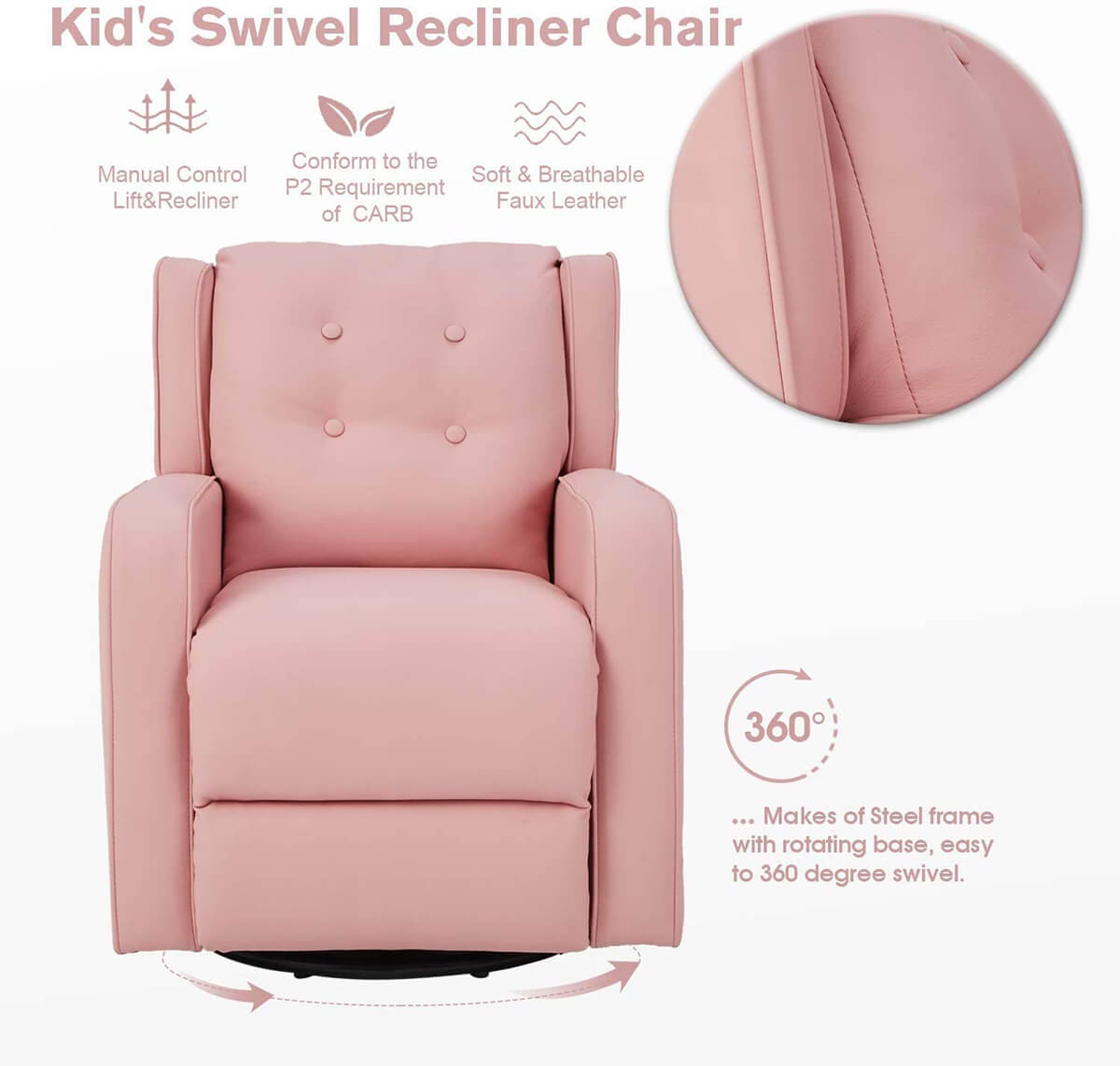 Kid's Swivel Recliner Chair, Children Recliner Faux Leather Armchair for Toddler Boys Girls, Lightweight 360 Degree Swivel Sofa Chair, Pink