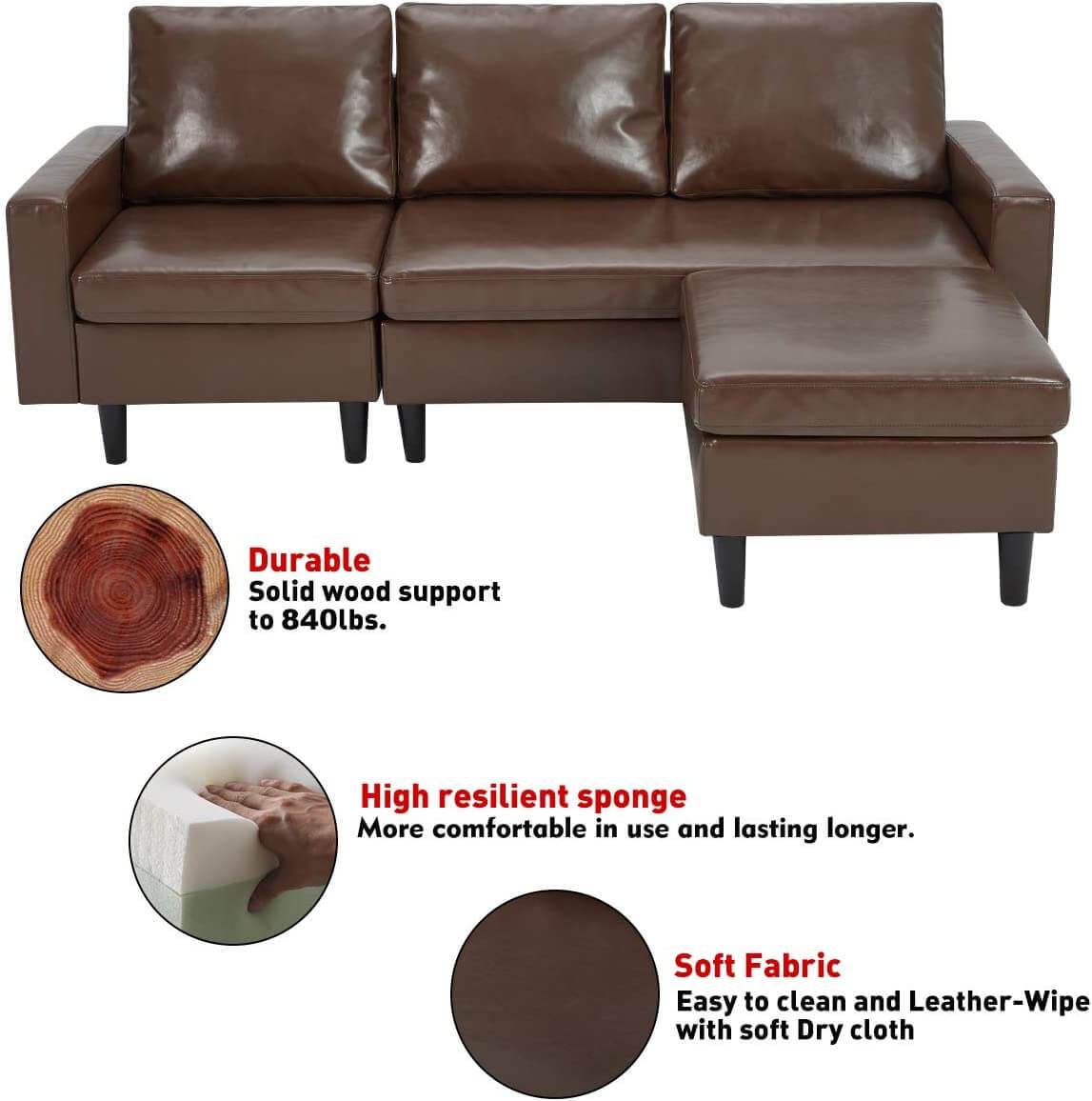 Homrest Enlarged Convertible Sectional Sofa Couch, 3-seat Sofa Couch with Ottoman, L-Shaped Sofa with Modern PU Leather Fabric for Living Room or Apartment, Brown