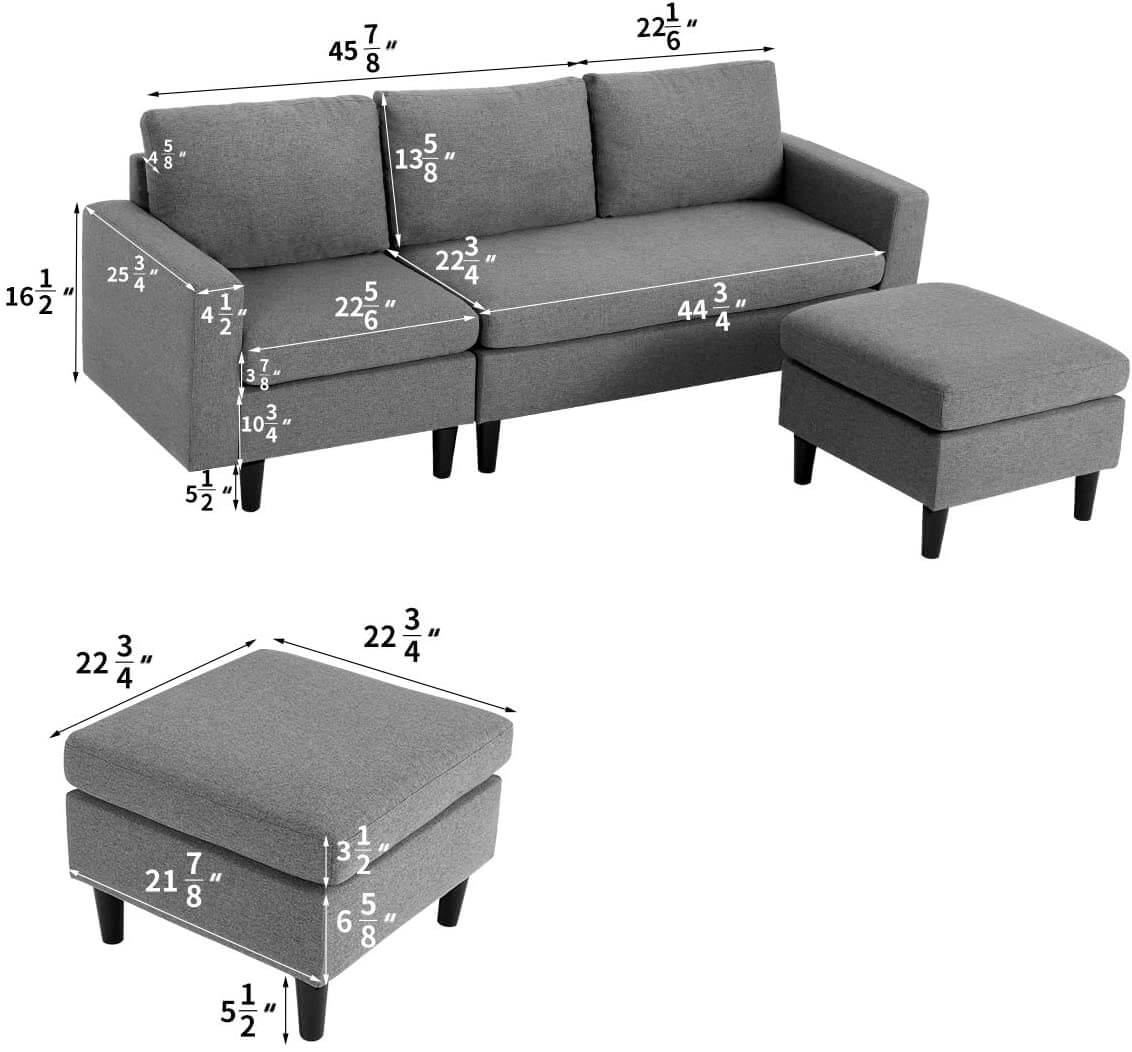 Sectional Sofa Couch Small 3 Piece Convertible LShape Couch