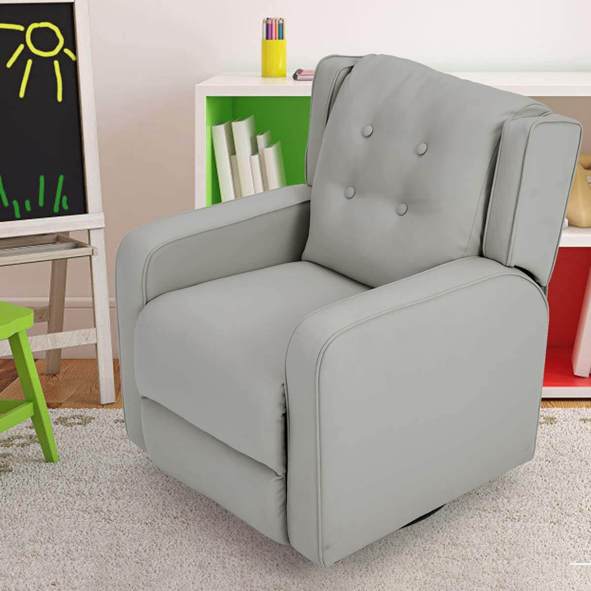 Kid's Swivel Recliner Chair, Children Recliner Faux Leather Armchair for Toddler Boys Girls, Lightweight 360 Degree Swivel Sofa Chair, Gray