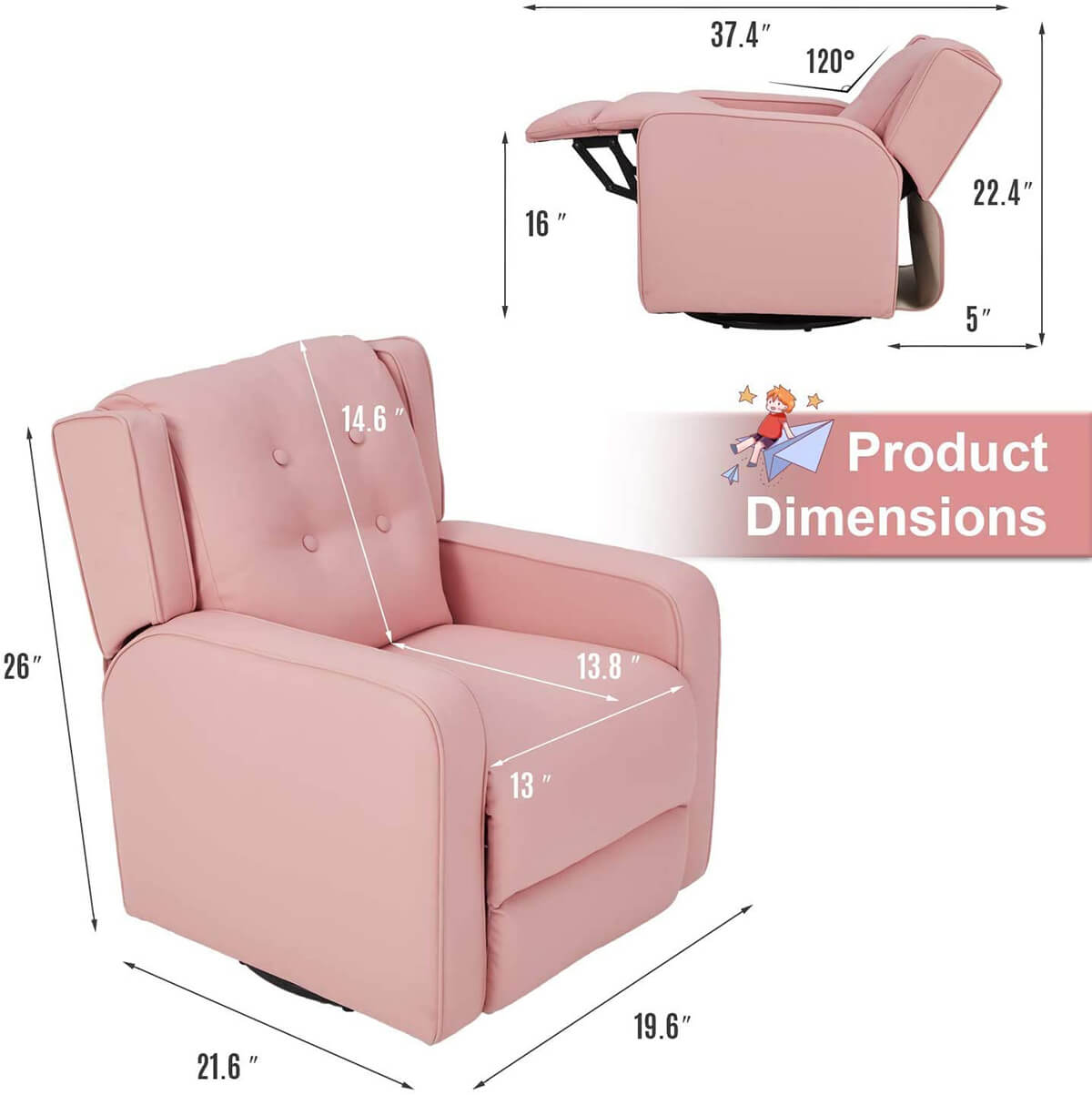 Kid's Swivel Recliner Chair, Children Recliner Faux Leather Armchair for Toddler Boys Girls, Lightweight 360 Degree Swivel Sofa Chair, Pink