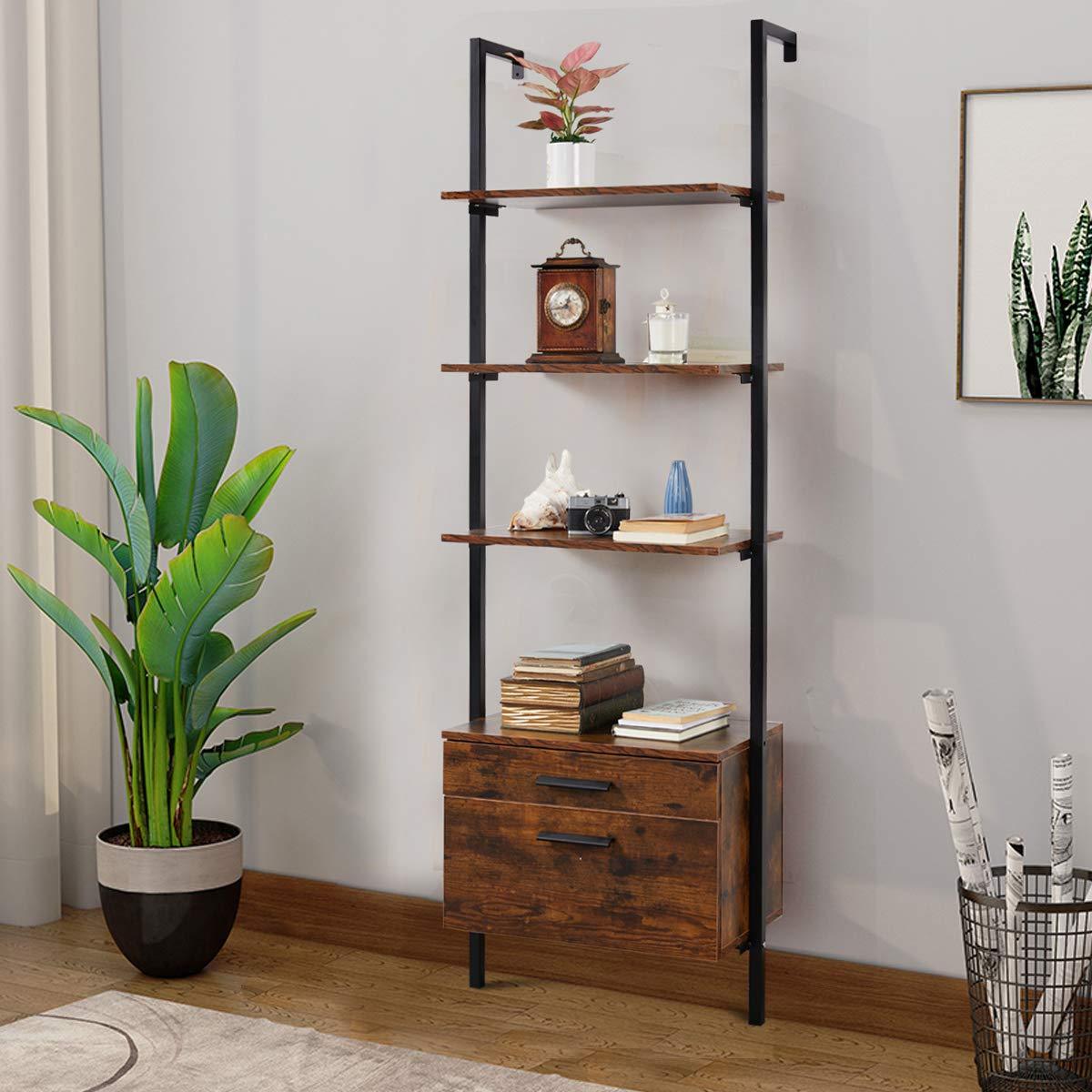 Homrest Wall Mouted Industrial 3-Tier Bookshelf with 2 Wood Drawers, Black