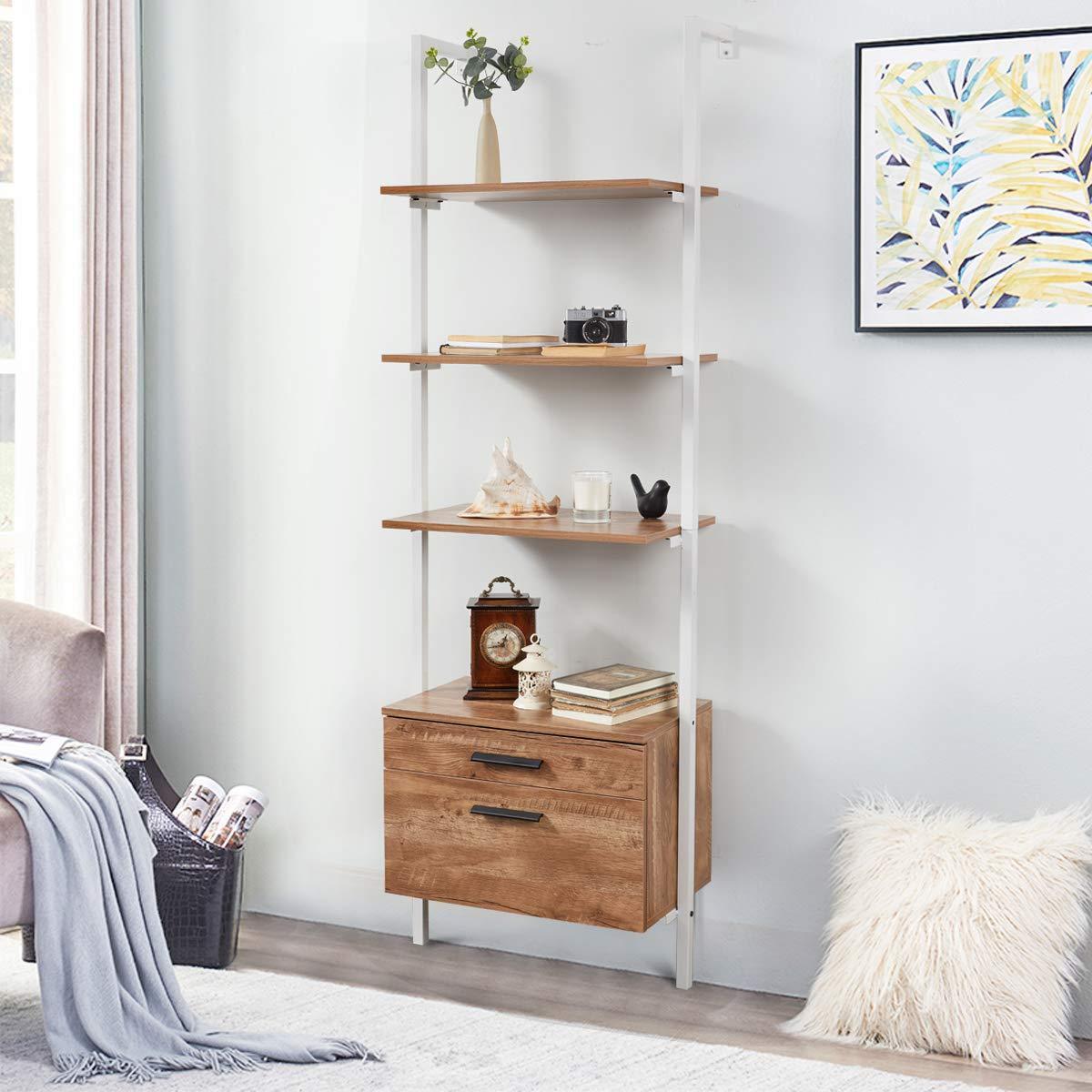 Homrest Wall Mouted Industrial 3-Tier Bookshelf with 2 Wood Drawers, White