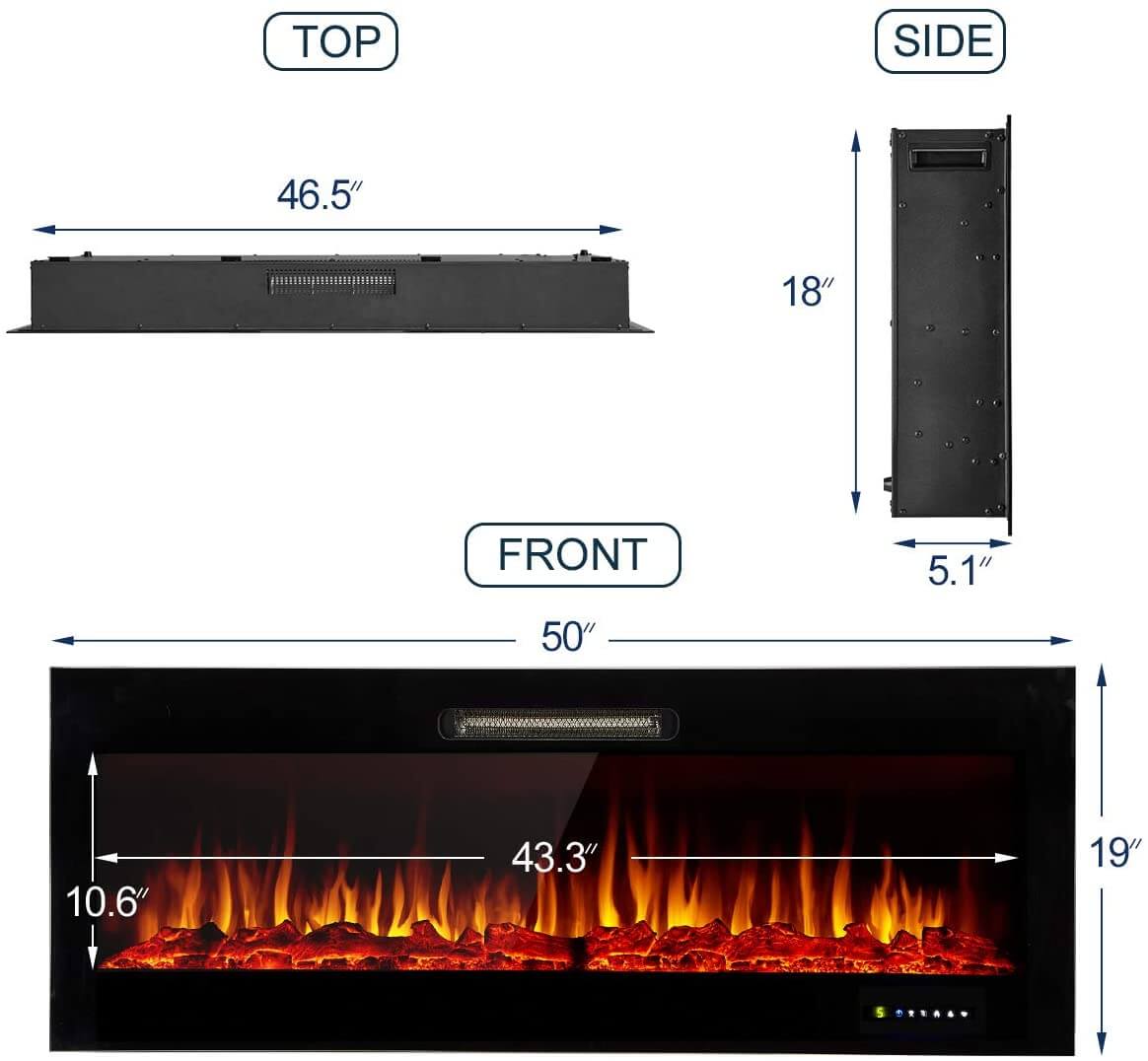 Homrest 50" Recessed Mounted Electric Fireplace Insert with Log/Crystal Option, 750/1500W