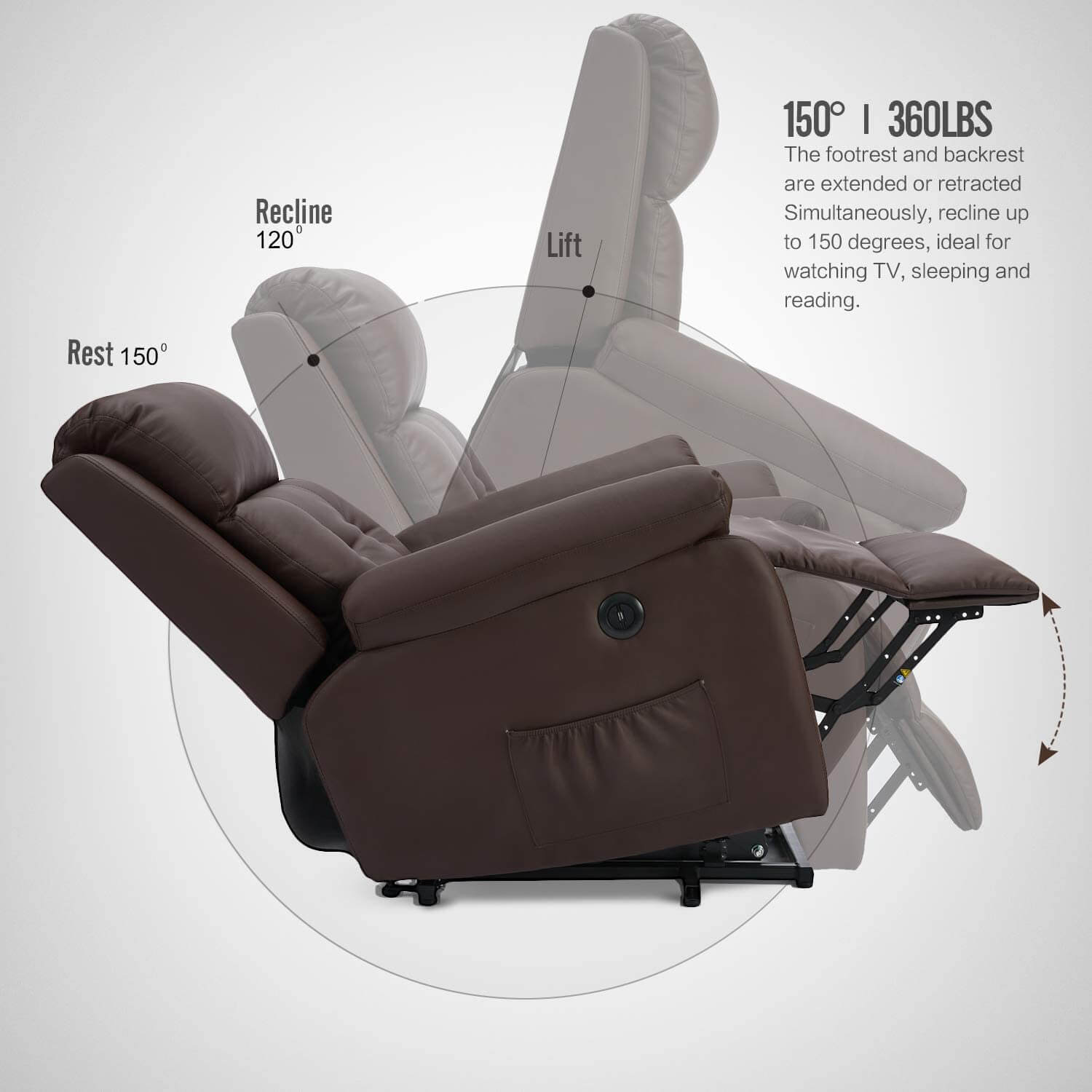 Homrest Electric Power Lift Recliner Chair Sofa for Elderly, Faux Leather Recliner Chair with Heated Vibration Massage, Side Pocket&USB Port(Brown)