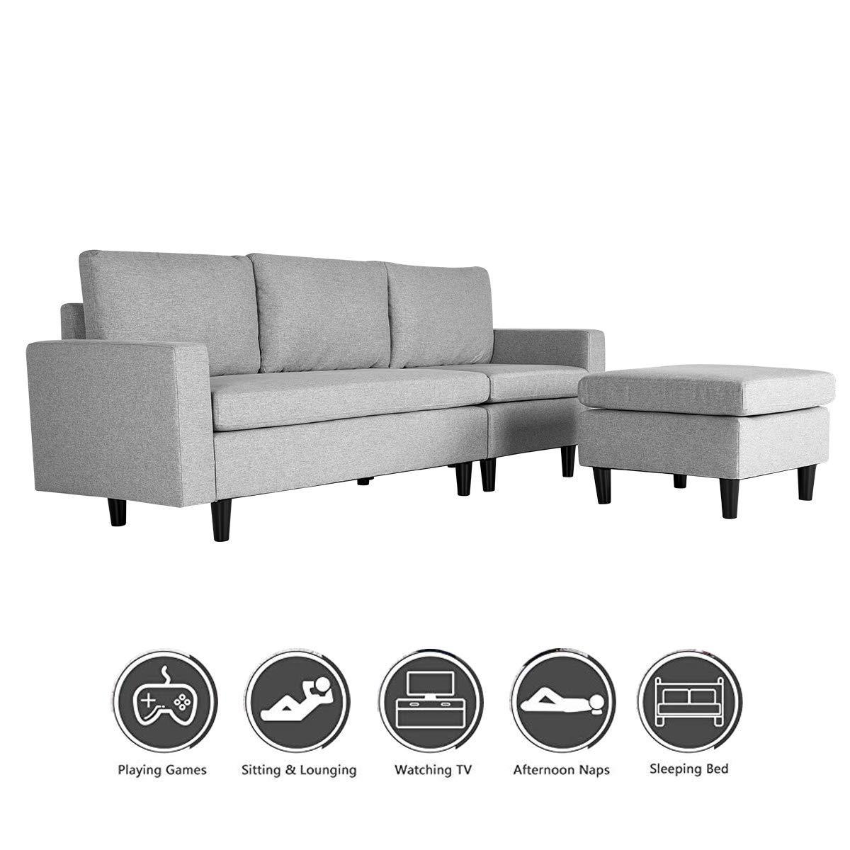 hOMREST Convertible Sectional L-Shaped Sofa Couch with Modern Linen Fabric Light Grey