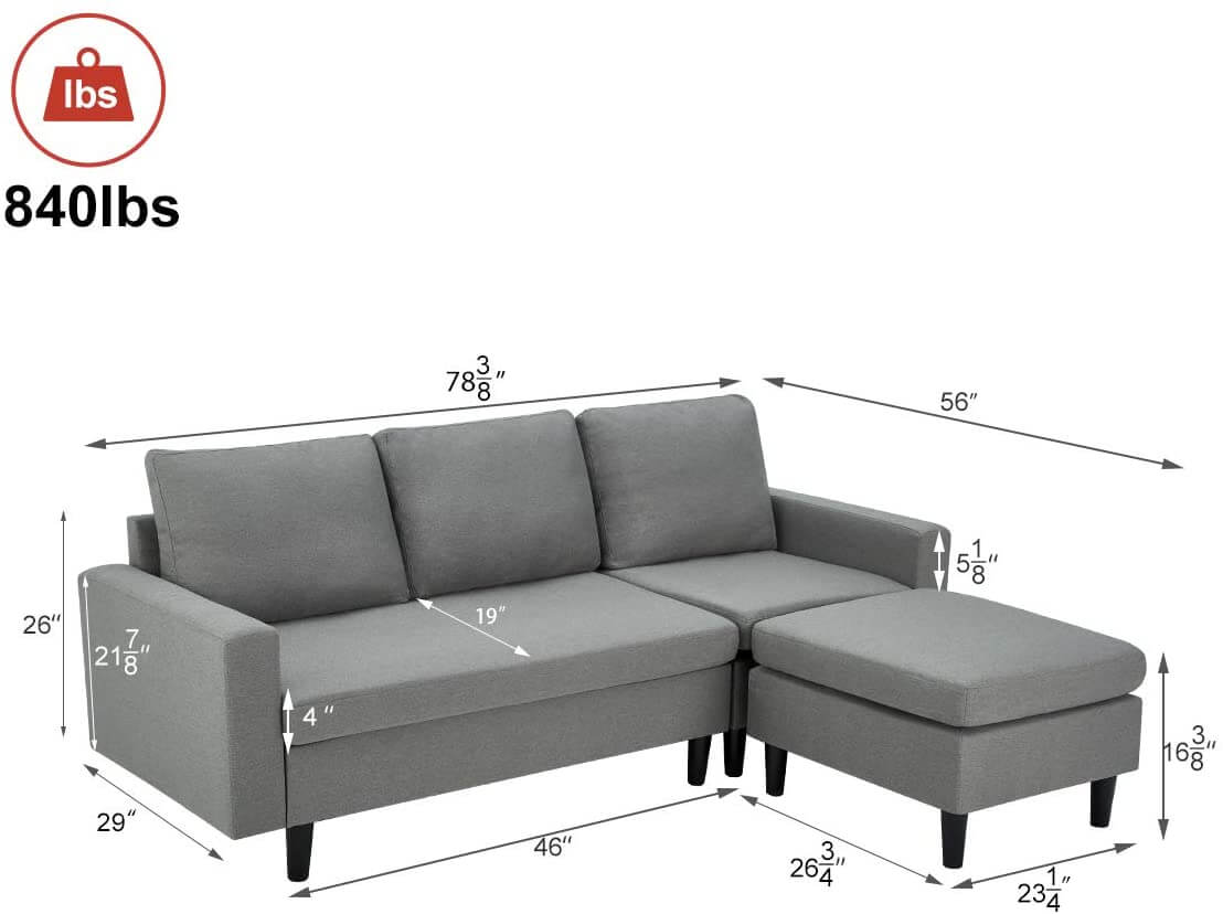 Homrest Enlarged Convertible Sectional Sofa Couch, 3-seat Sofa Couch with Ottoman, L-Shaped Sofa in Modern Linen Fabric, Gray