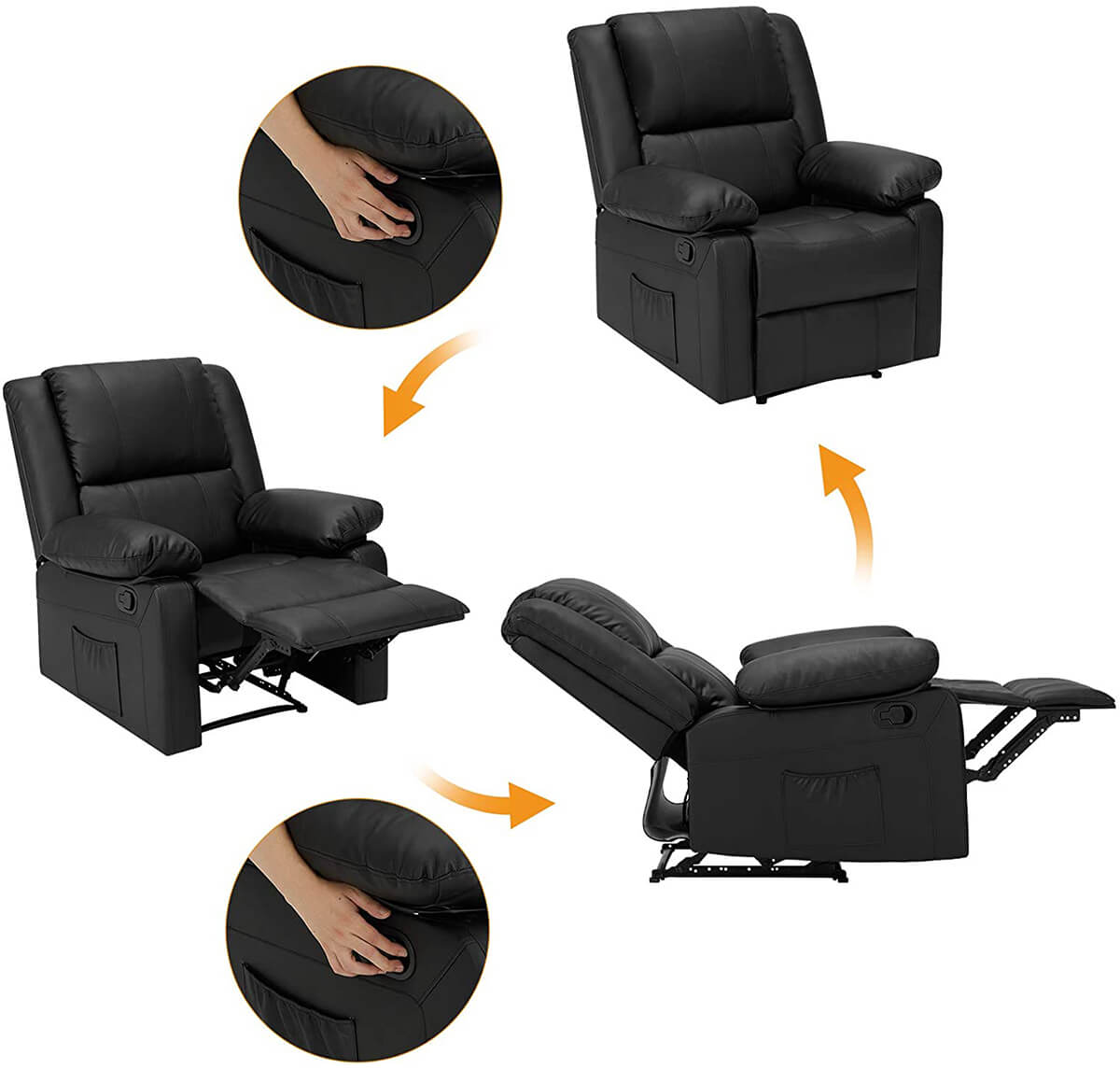 Recliner Chair with Massage Heated Function, Modern PU Leather Lounge Chair with Side Pocket, Single Sofa Seat Living Room Chair, Black