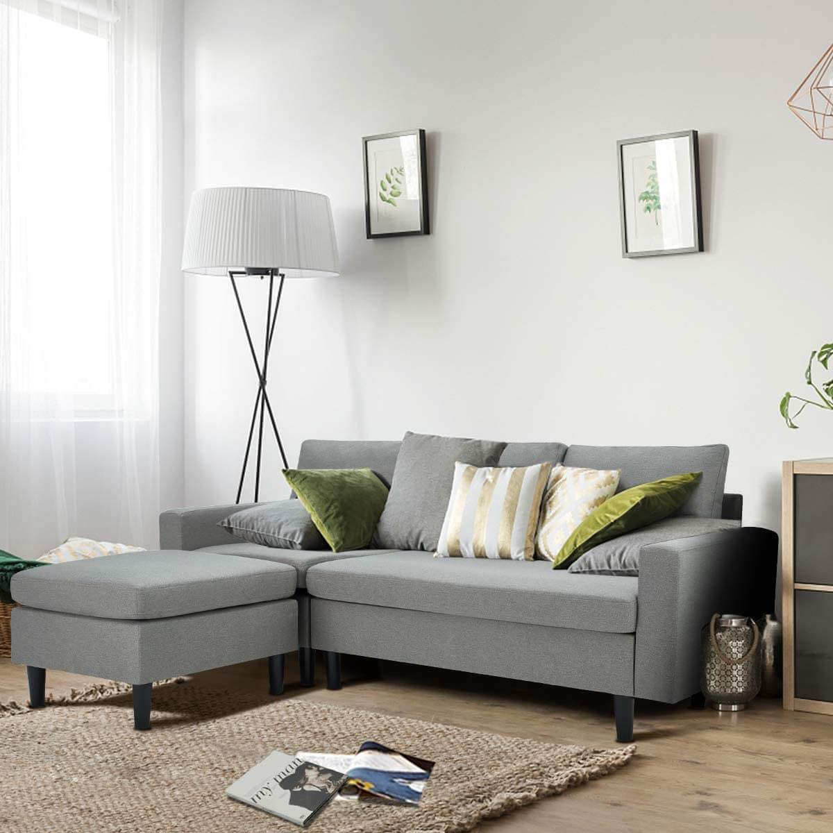 Homrest Enlarged Convertible Sectional Sofa Couch, 3-seat Sofa Couch with Ottoman, L-Shaped Sofa in Modern Linen Fabric, Gray
