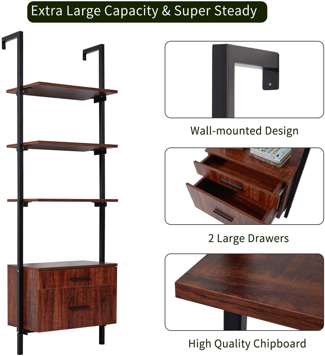Homrest Wall Mounted Industrial 3-Tier Bookshelf with 2 Wood Drawers & Matte Steel Frame Ladder Shelf Bookcase, Black