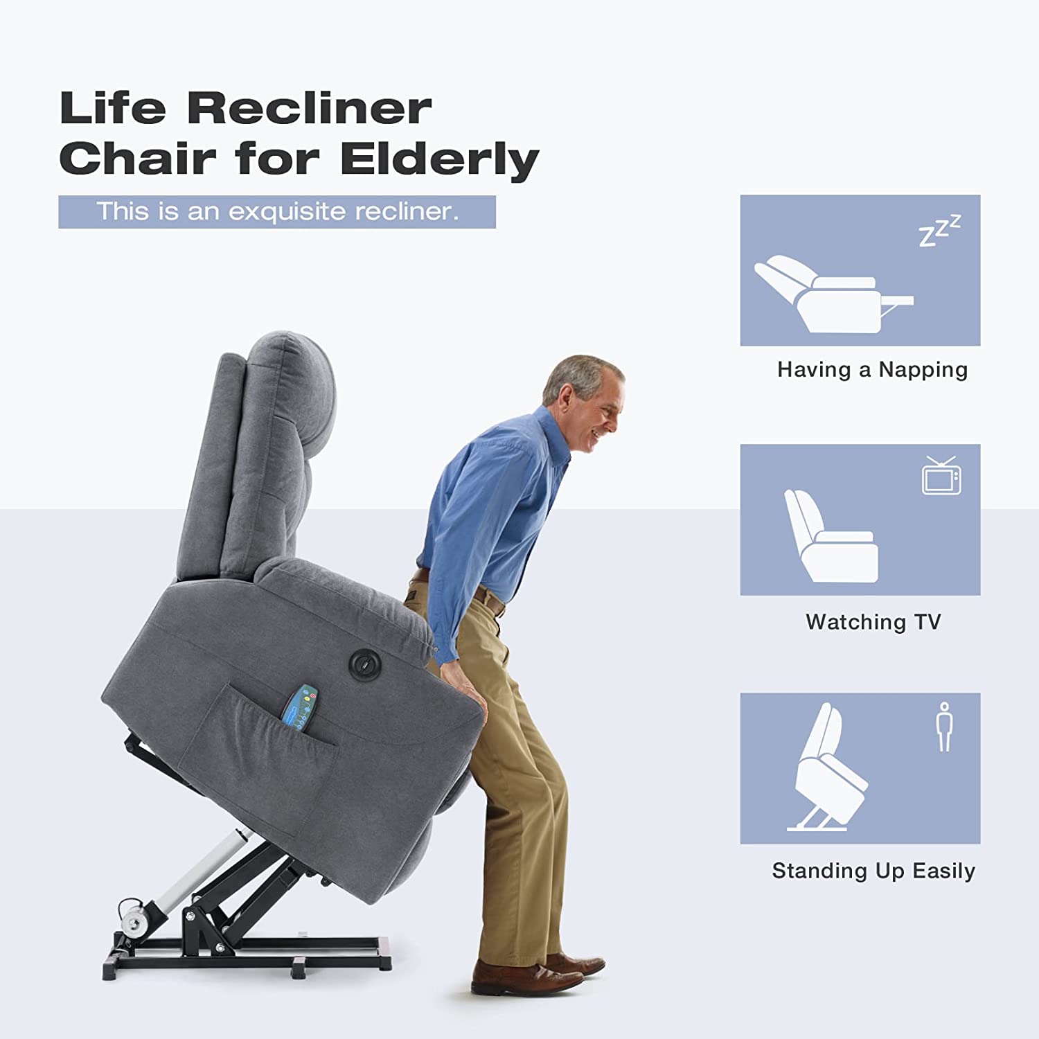 Homrest Electric Power Lift Chair Recliner Sofa for Elderly with Vibration Massage & Lumbar Heated, 2 Side Pockets & Cup Holders(Grey Blue)