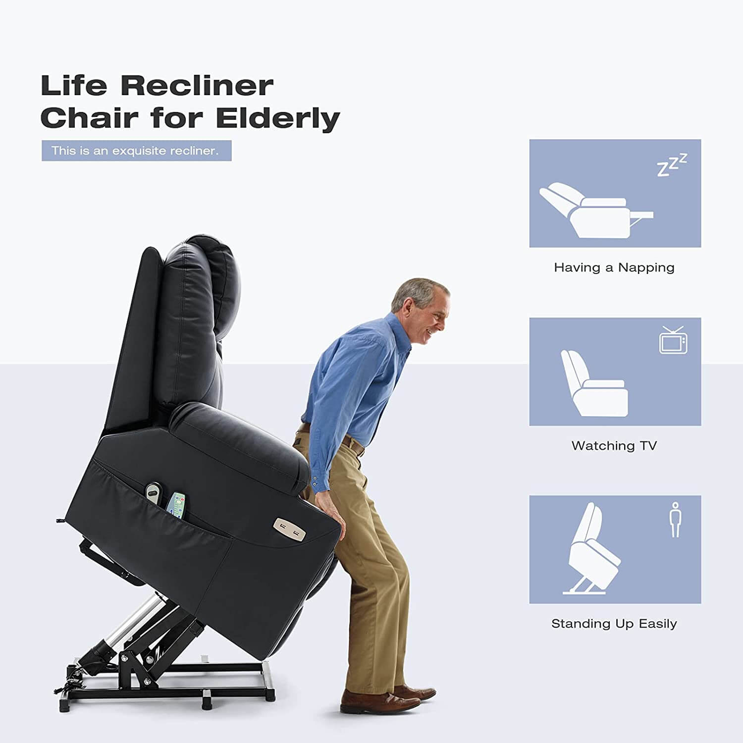 Homrest Electric Power Recliner Lift Chair Faux Leather Electric Recliner for Elderly, Heated Vibration Massage Sofa with Side Pockets, USB Charge Port & Remote Control(Black)