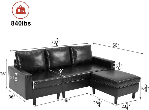 Homrest Enlarged Convertible Sectional Sofa Couch, 3-seat Sofa Couch with Ottoman, L-Shaped Sofa with Modern PU Leather Fabric for Living Room or Apartment, Black