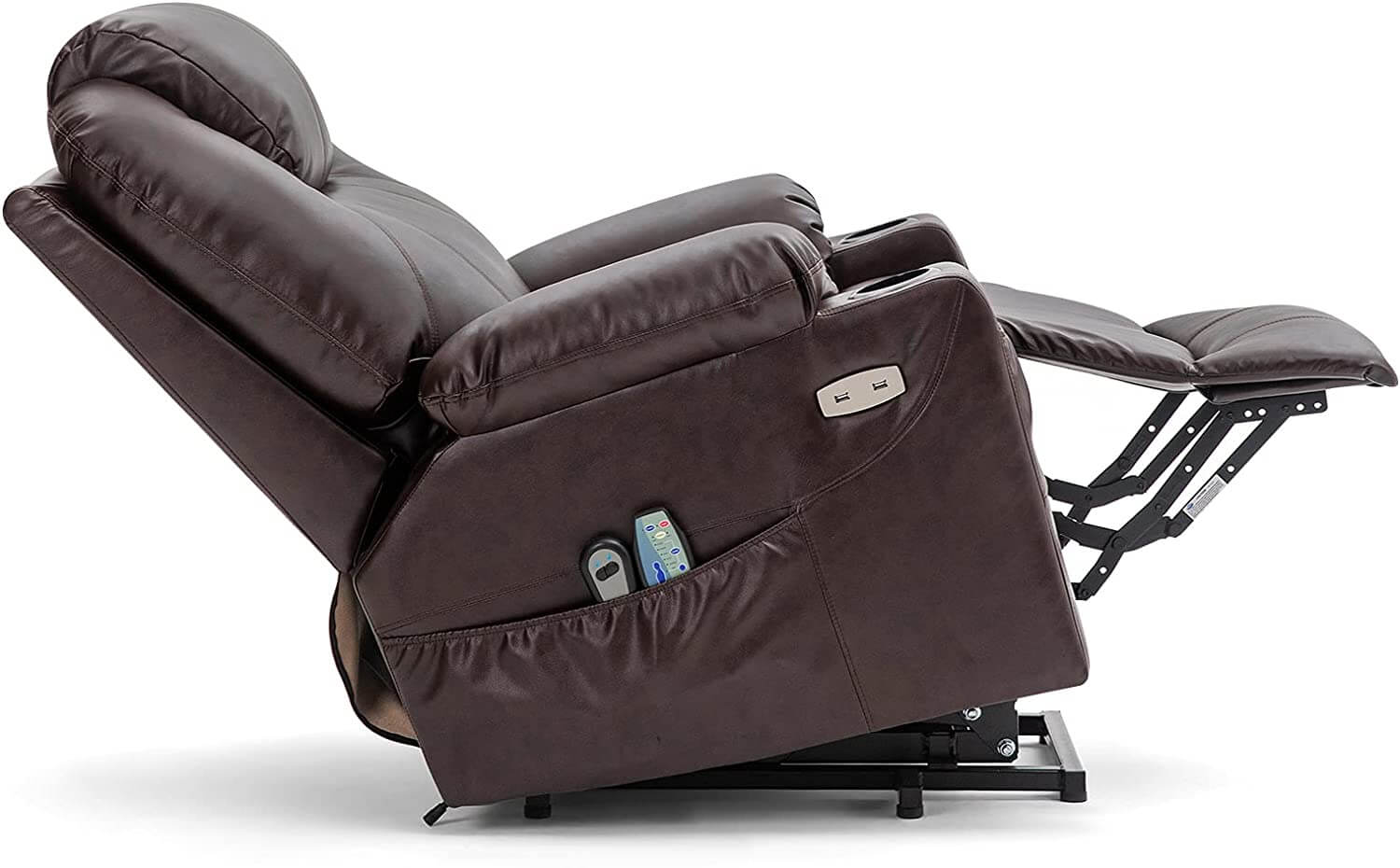 Homrest Electric Power Recliner Lift Chair Faux Leather Electric Recliner for Elderly, Heated Vibration Massage Sofa with Side Pockets, USB Charge Port & Remote Control(Brown)