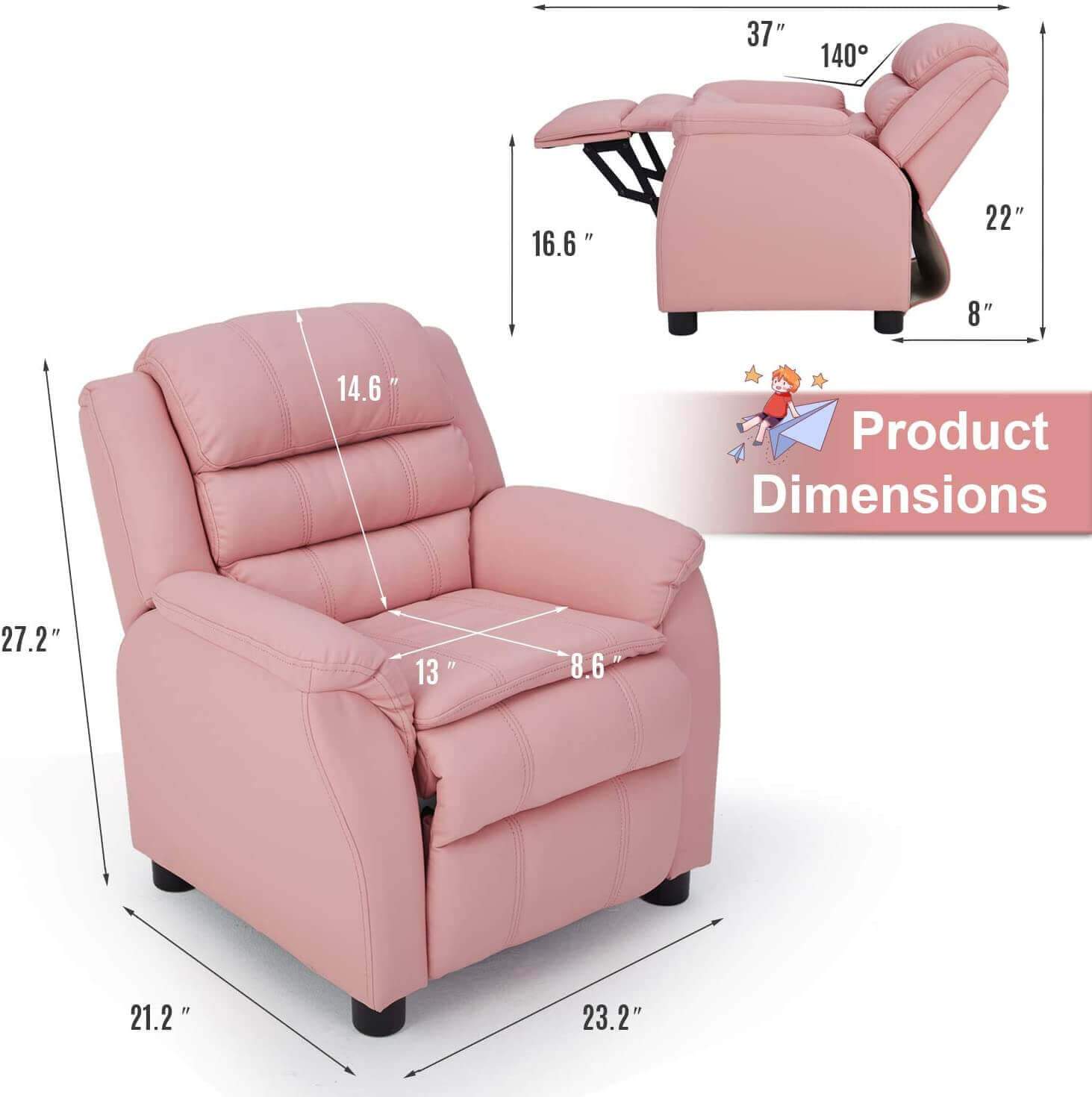 Kids Recliner Chair, Children Recliner PU Leather Armchair for Toddler Boys Girls, Lightweight Sofa Chair, 4+ Age Group, Pink